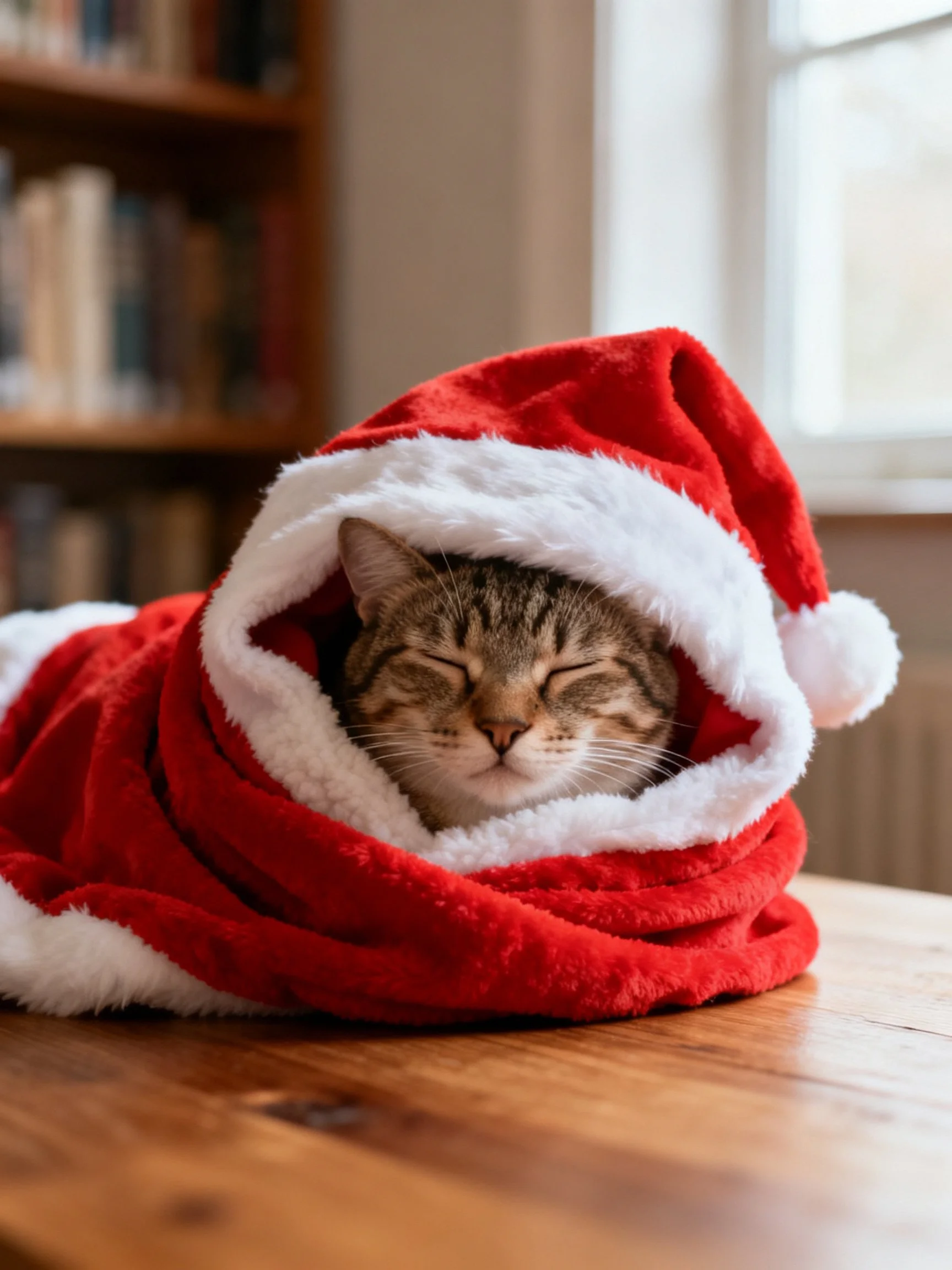 A tabby cat nestled in a red Santa-style costume