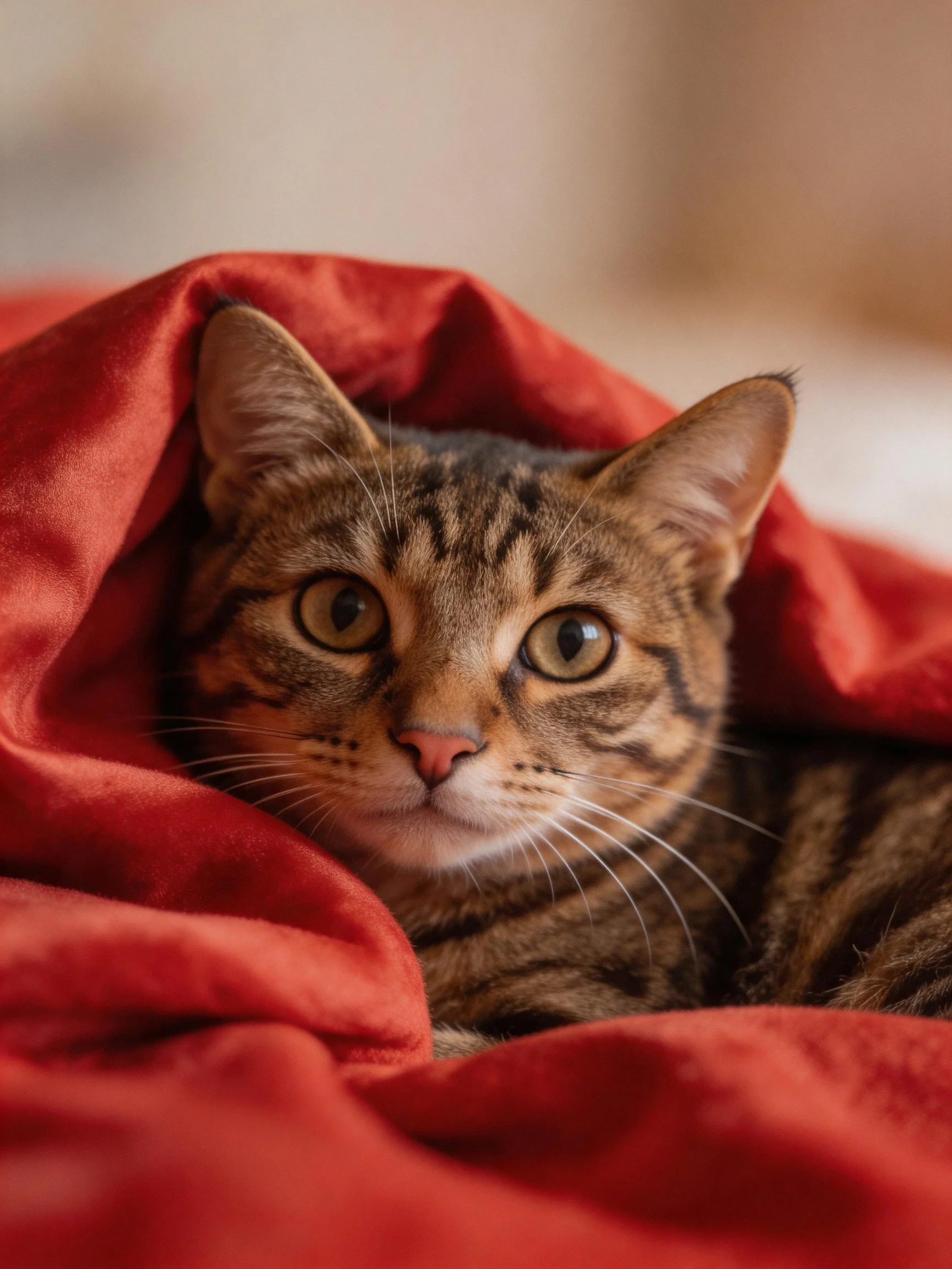 A tabby cat nestled in vibrant red fabric with wide eyes