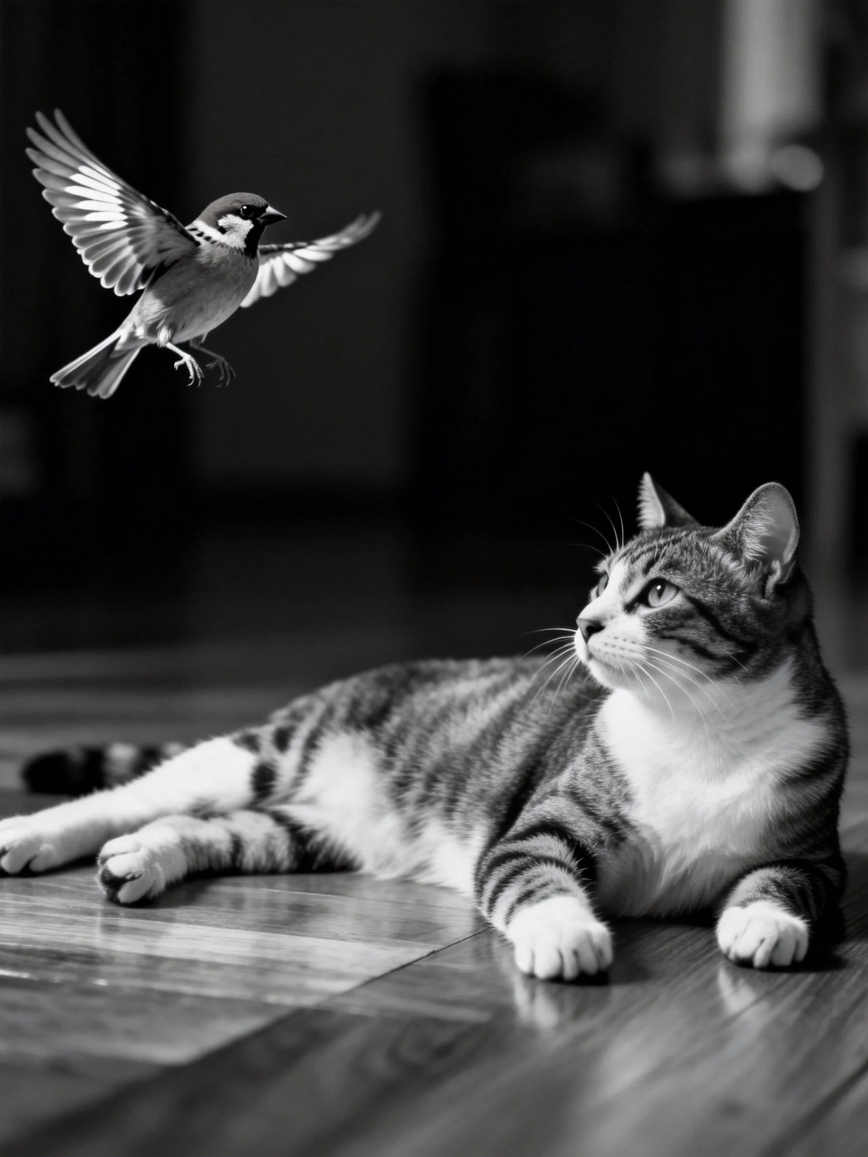 A tabby cat observes a sparrow flying indoors
