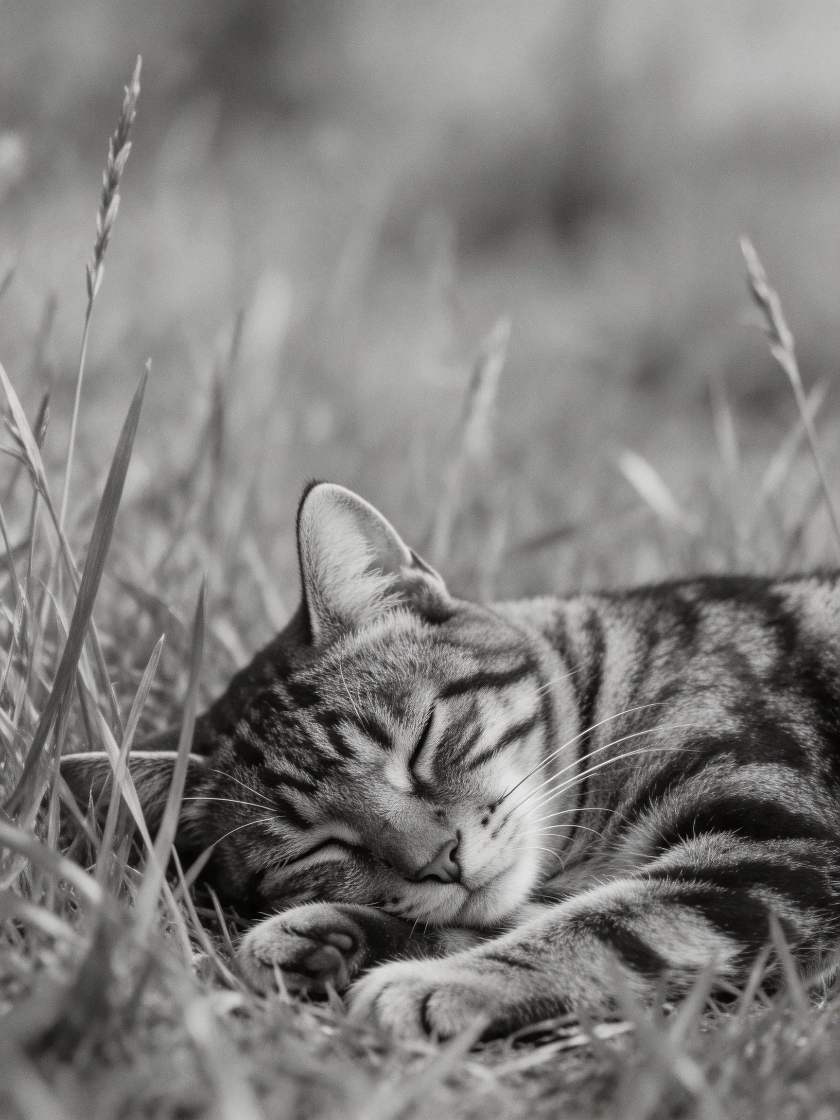 A tabby cat peacefully sleeps in tall grass