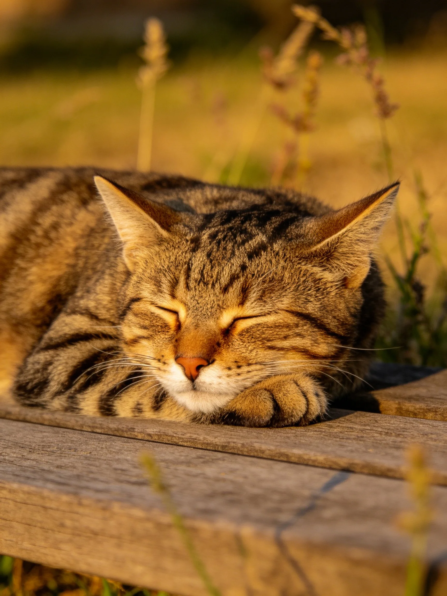 A tabby cat peacefully sleeps on a wooden bench amid tall grasses