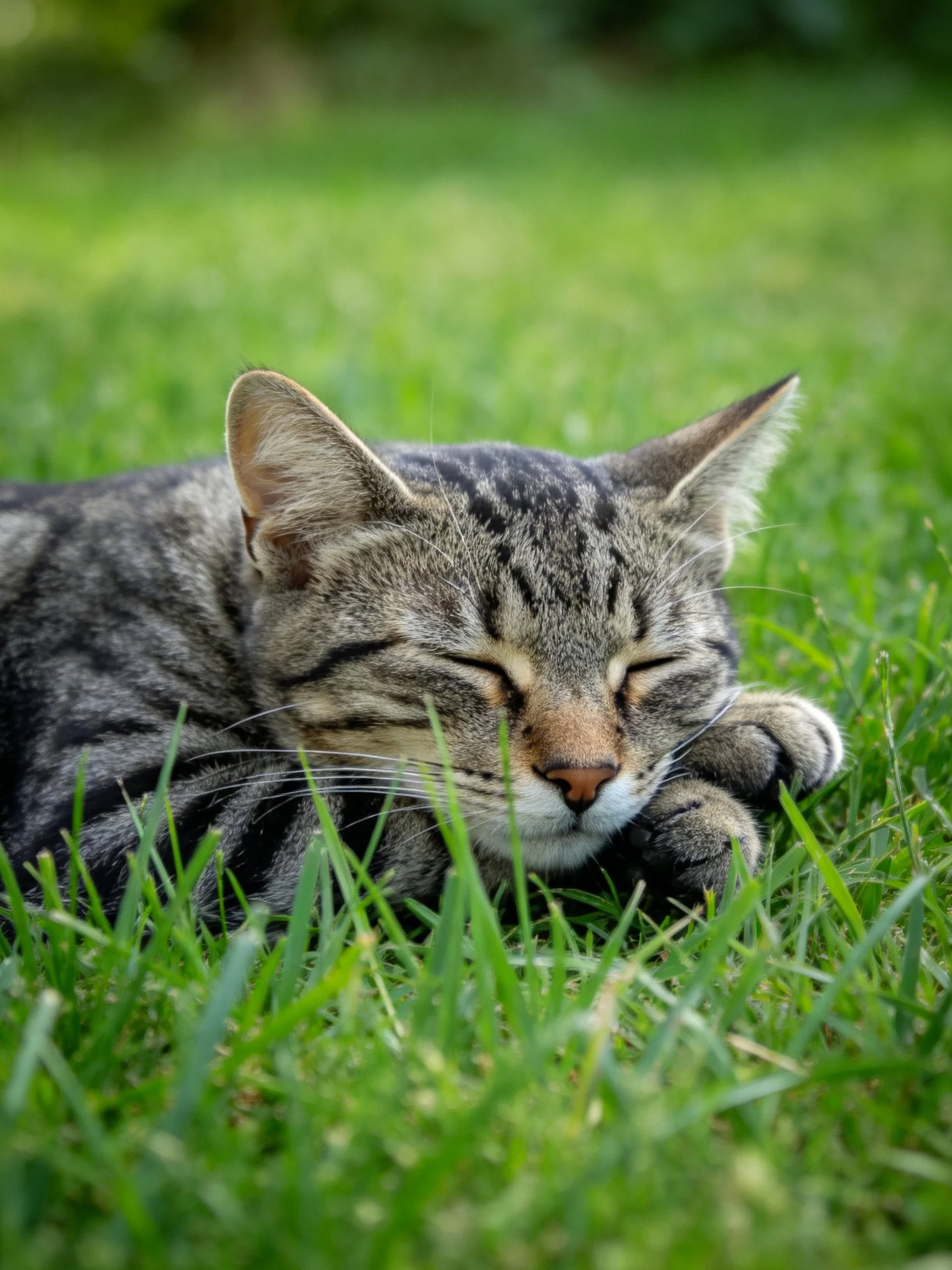 A tabby cat peacefully sleeps on lush green grass