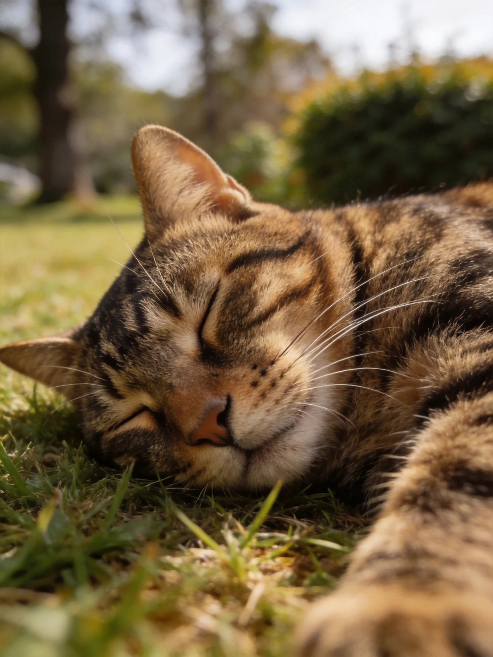 A tabby cat peacefully sleeps on sunlit green grass