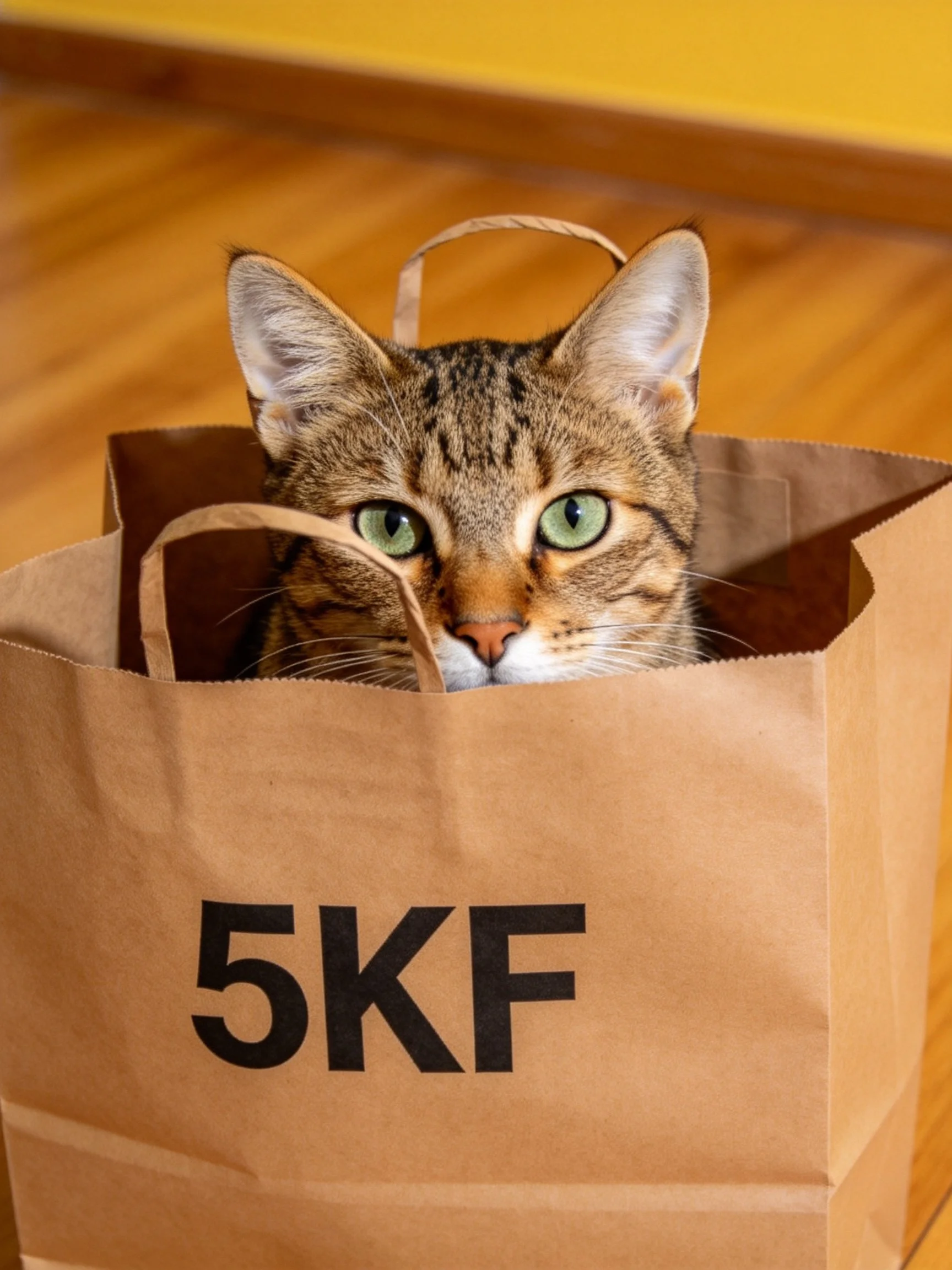 A tabby cat peeks from a brown paper bag labeled 5KF
