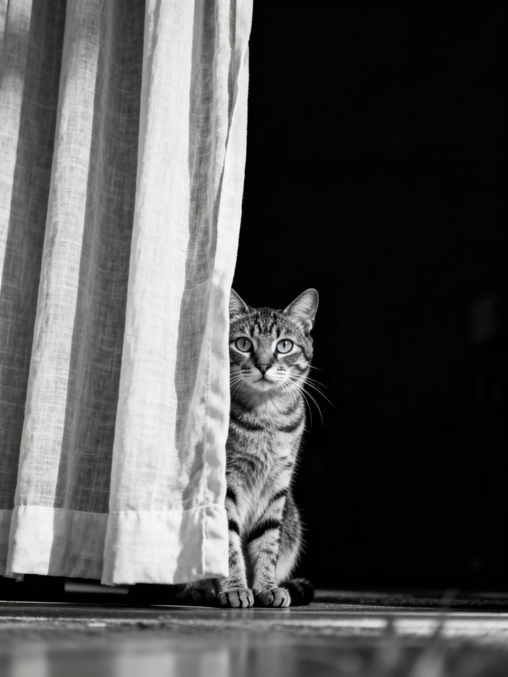A tabby cat peeks from behind a light curtain in monochrome