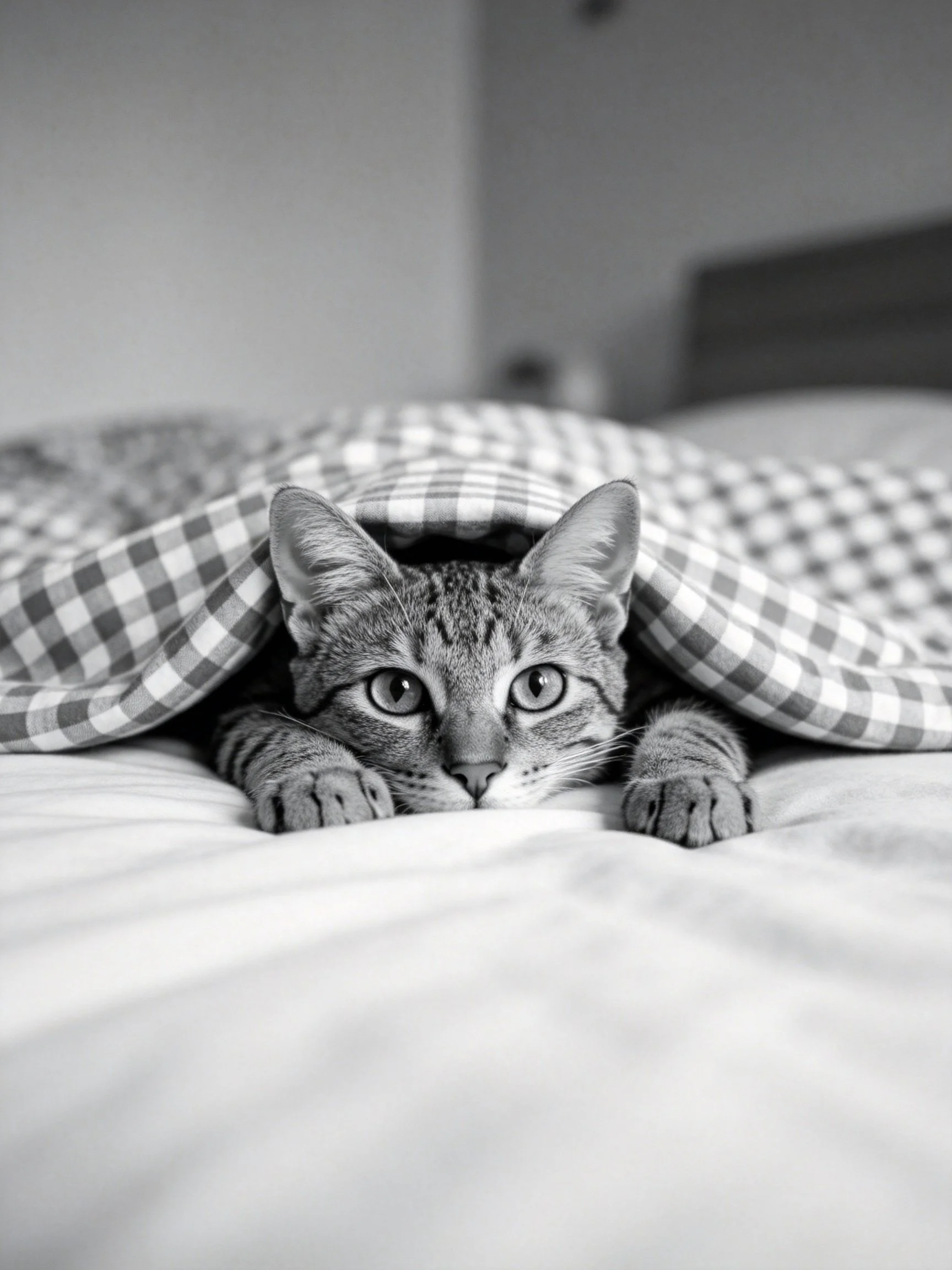 A tabby cat peeks out from a checkered blanket on a bed