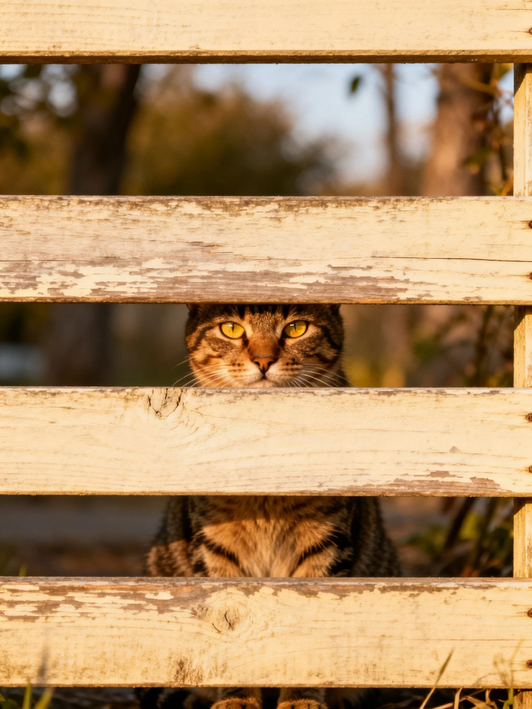 A tabby cat peeks through aged wooden slats with bright yellow eyes