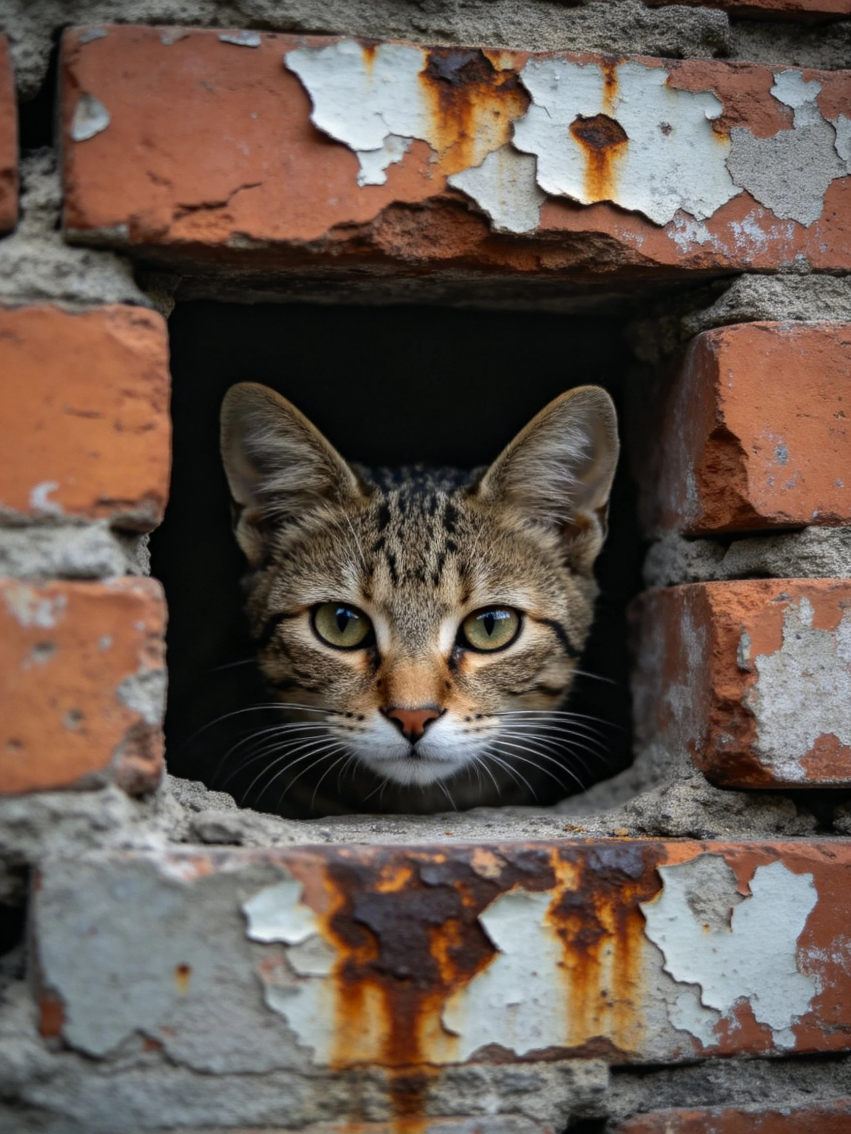 A tabby cat peering from an aged brick window