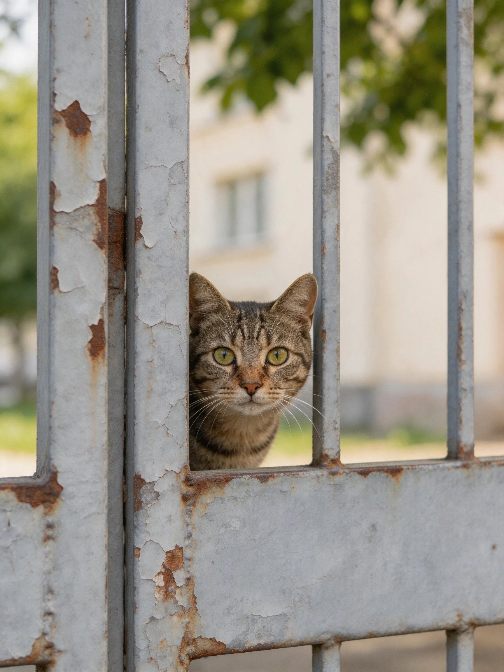 A tabby cat peers through a weathered, rust -ained metal gate