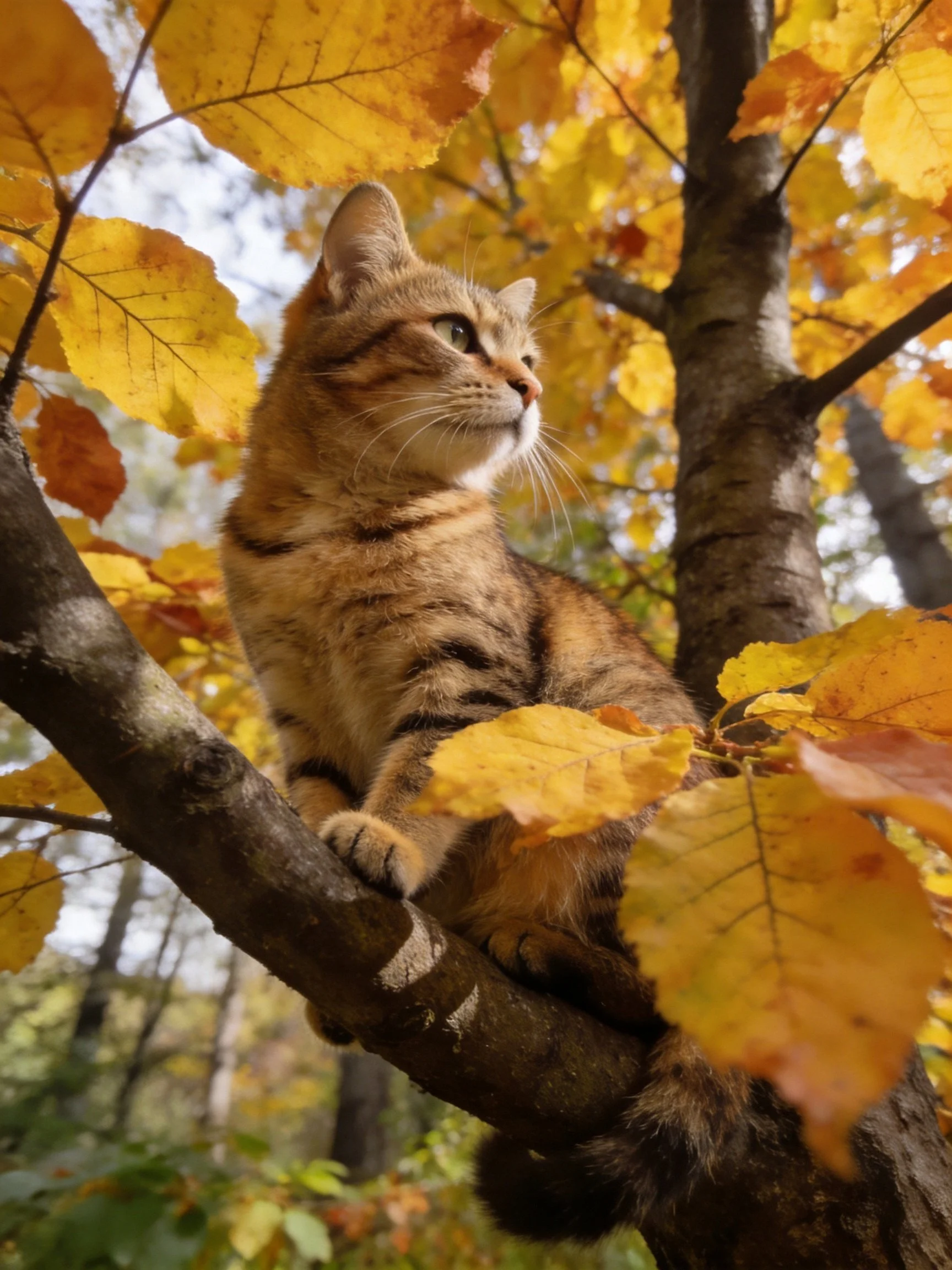 A tabby cat sits on a tree branch amid golden autumn leaves.