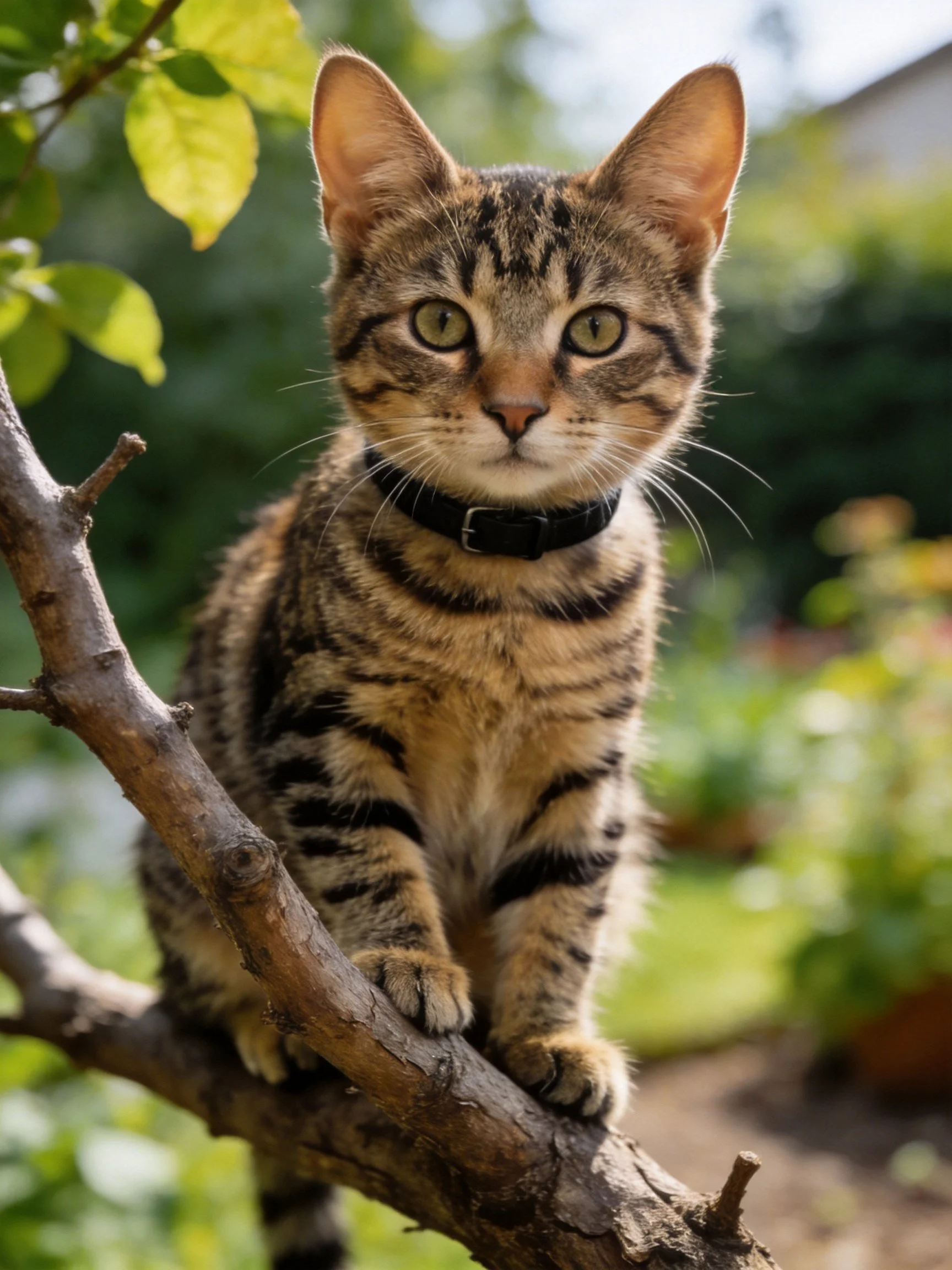 A tabby cat sits on a brown tree branch amid greenery in an outdoor garden.