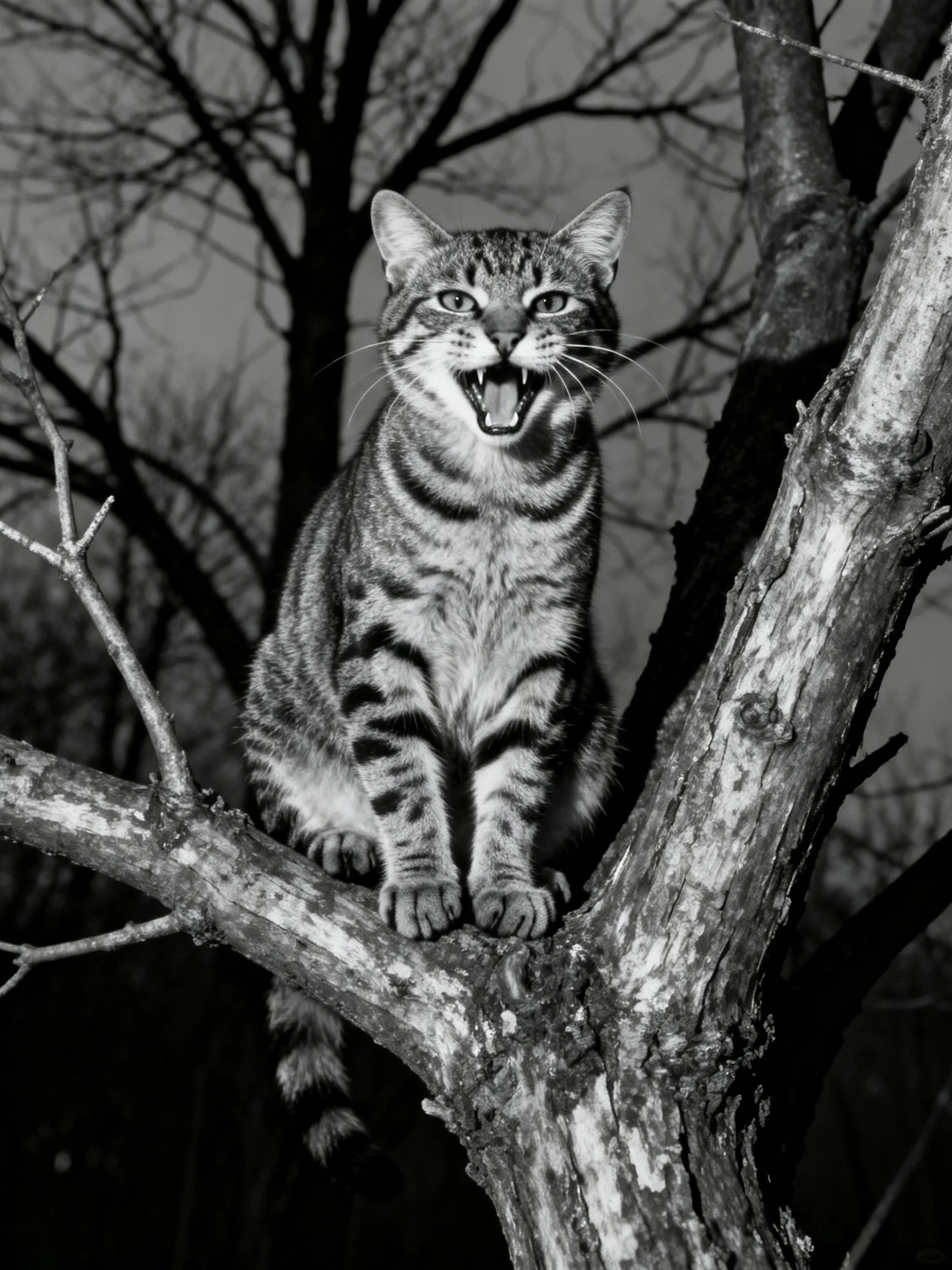 A tabby cat perched on a gnarled tree branch in black and white