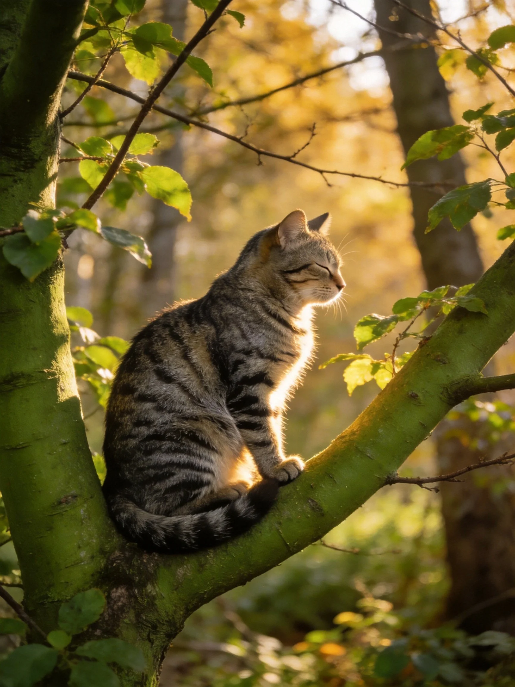 A tabby cat perched on a mossy green tree branch