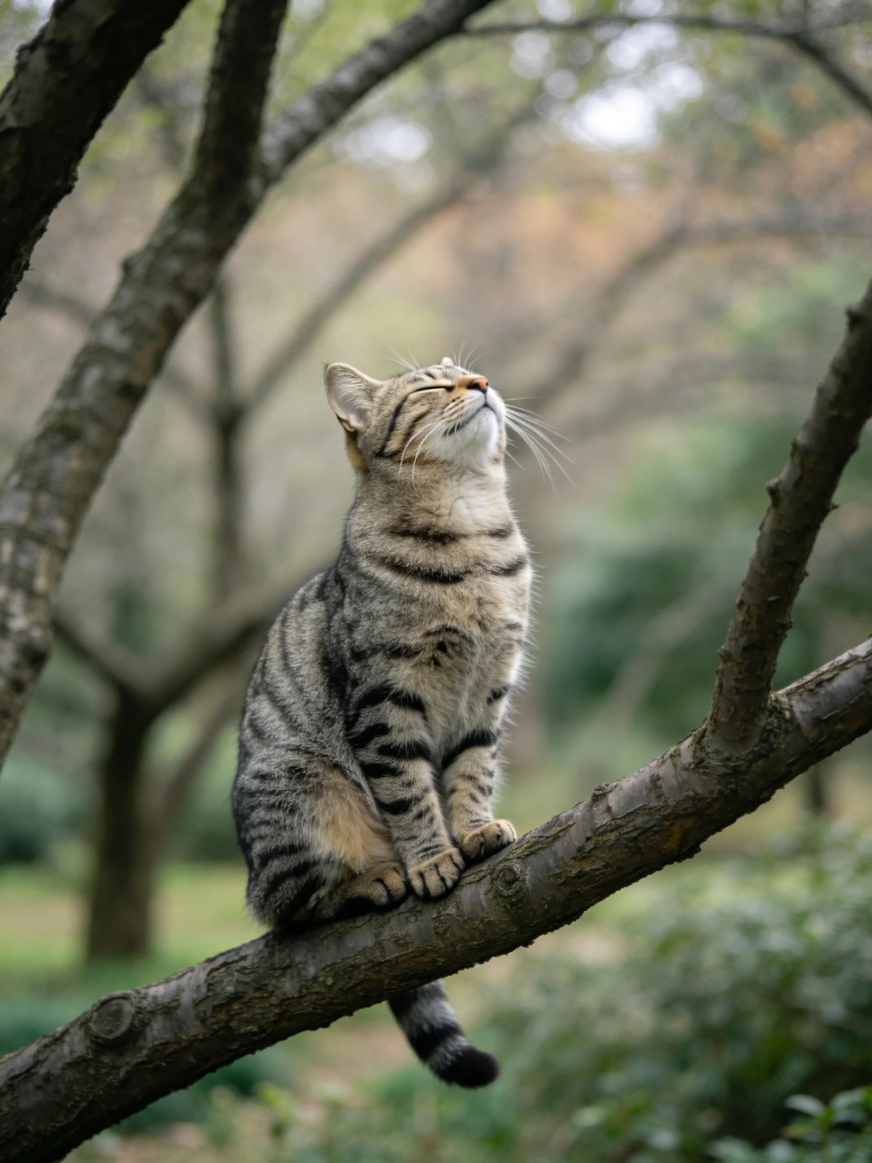 A tabby cat perched on a tree branch in a leafy woodland