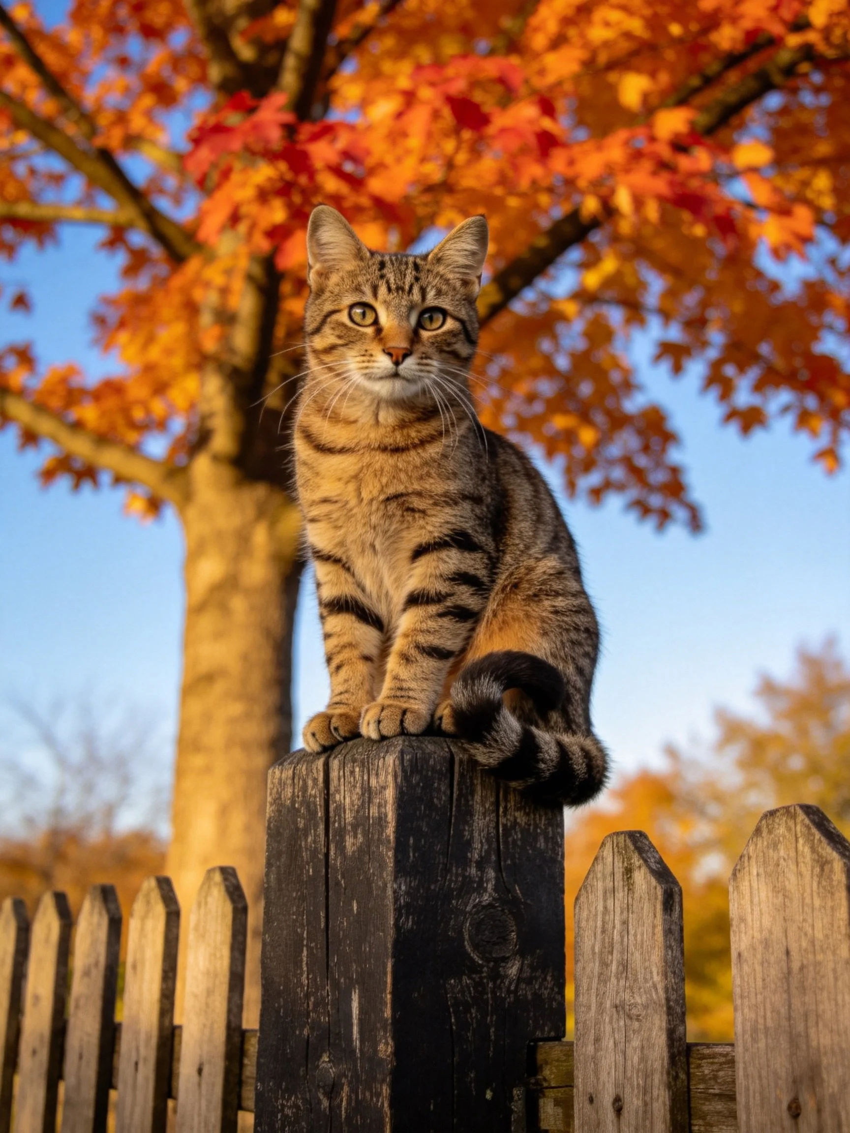 A tabby cat sits atop an aged wooden fence post near bright autumn trees.