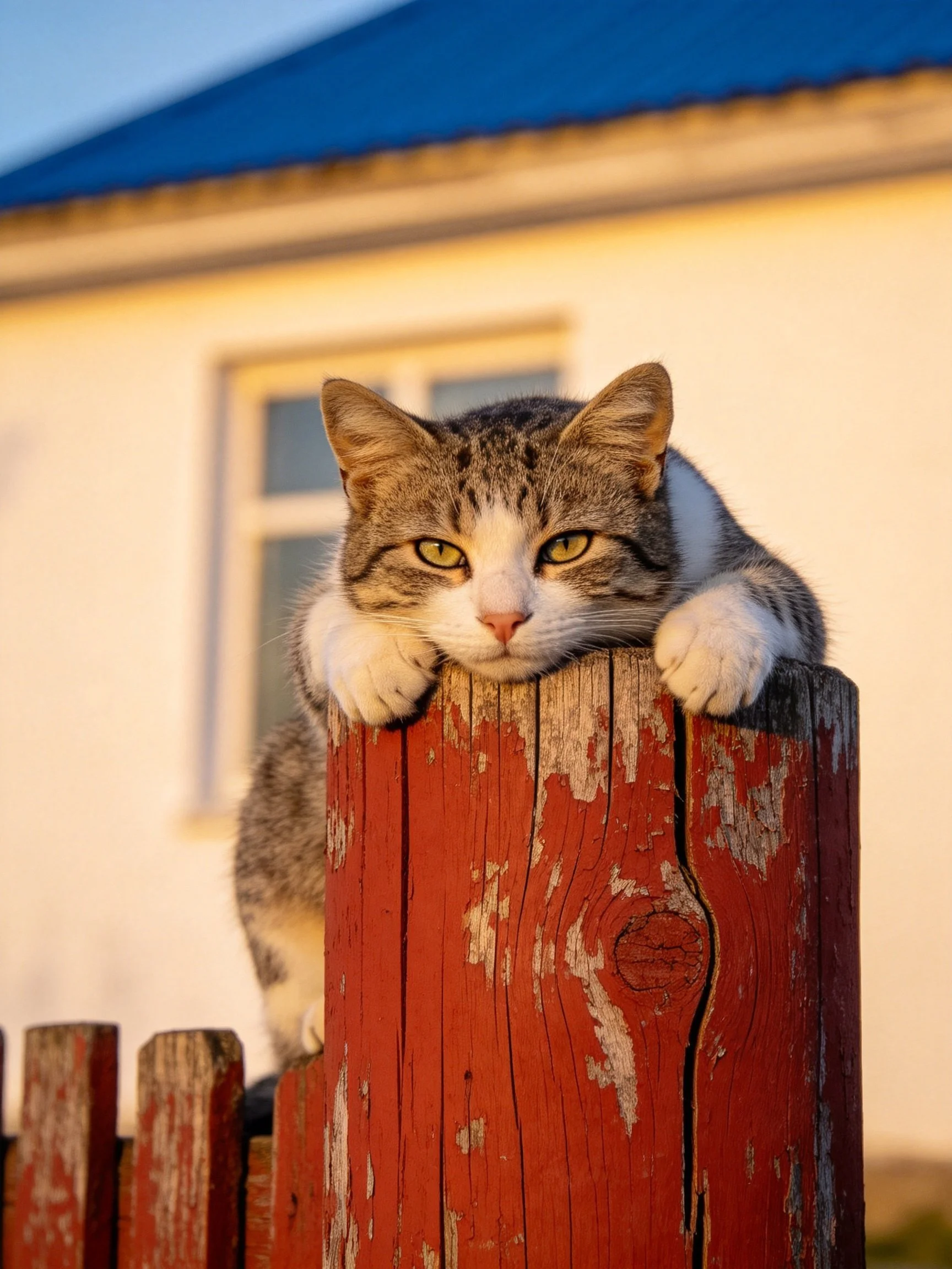 A tabby cat perched on a worn red fence post by a house