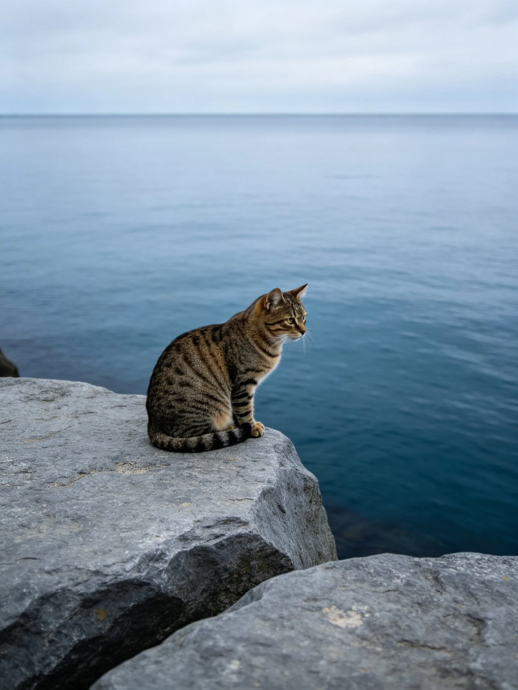 A tabby cat perched on gray rocks by calm blue water