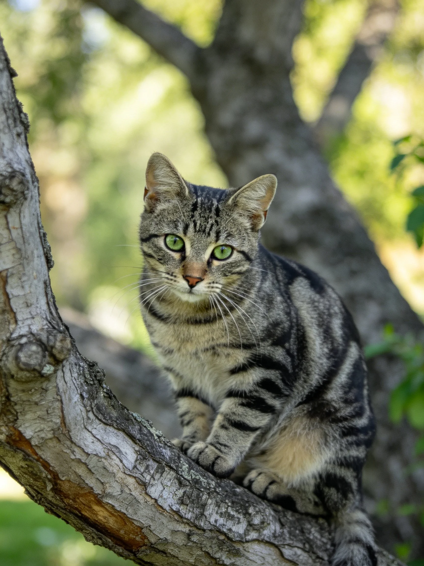 A tabby cat rests on a tree branch amid a sun-dappled, leafy forest backdrop
