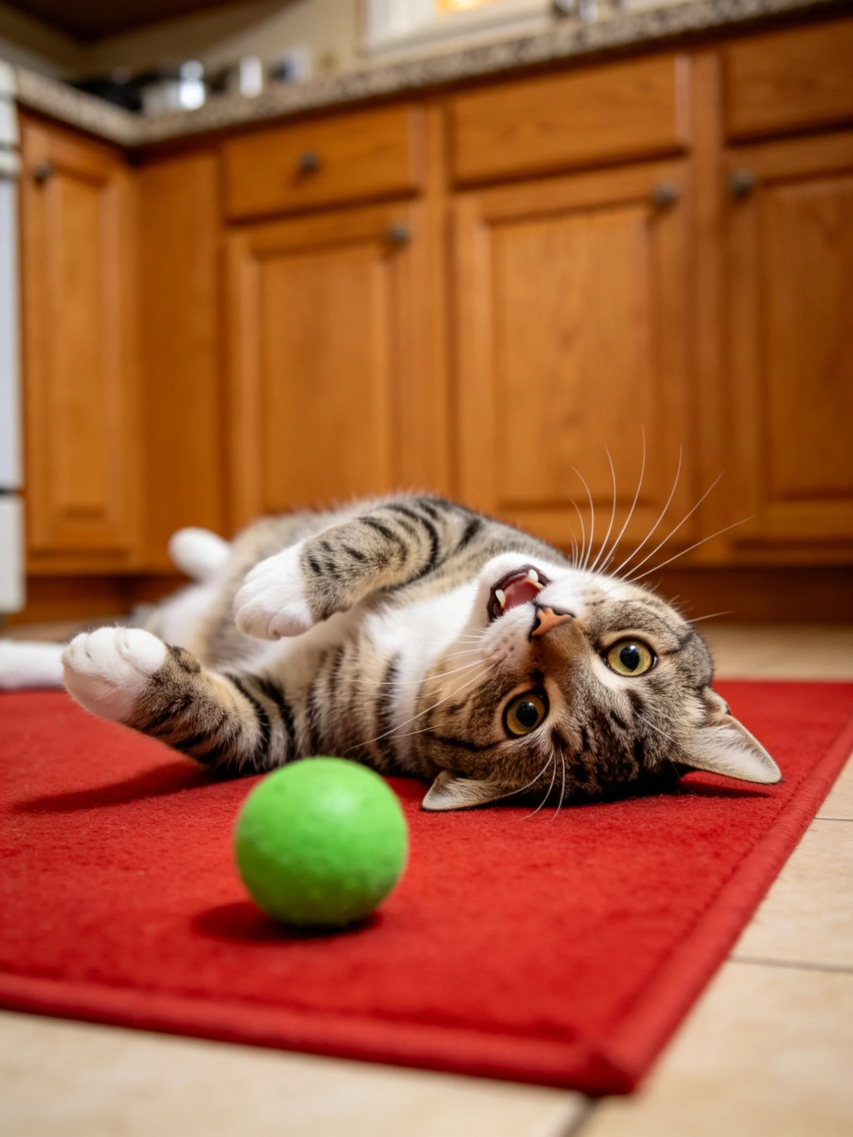 A tabby cat plays near a green ball on a red mat in a wooden kitchen