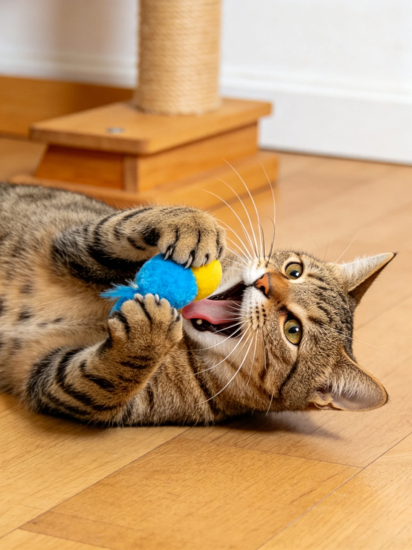 A tabby cat plays with a colorful toy near a scratching post