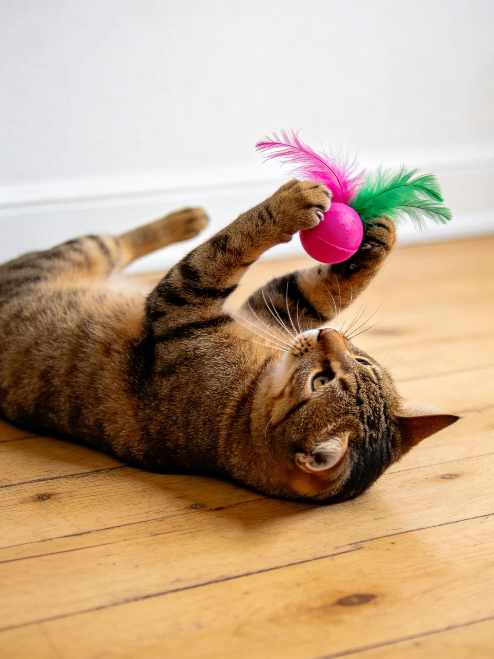 A tabby cat plays with a colorful feather toy on a wooden floor.