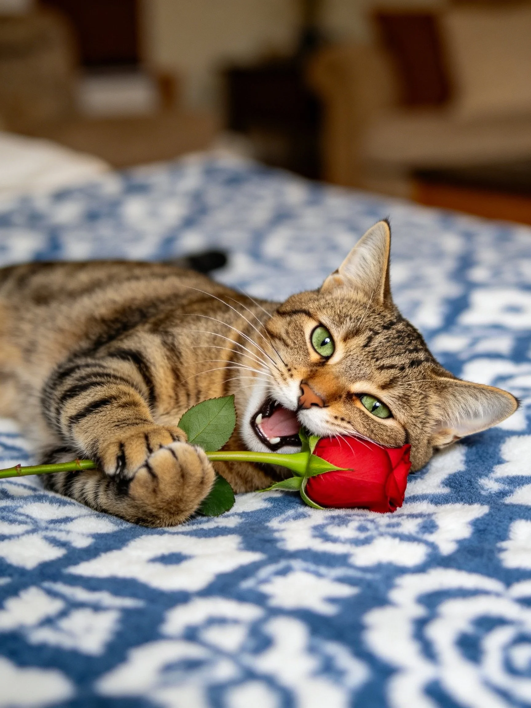 A tabby cat plays with a red rose on a blue-patterned blanket