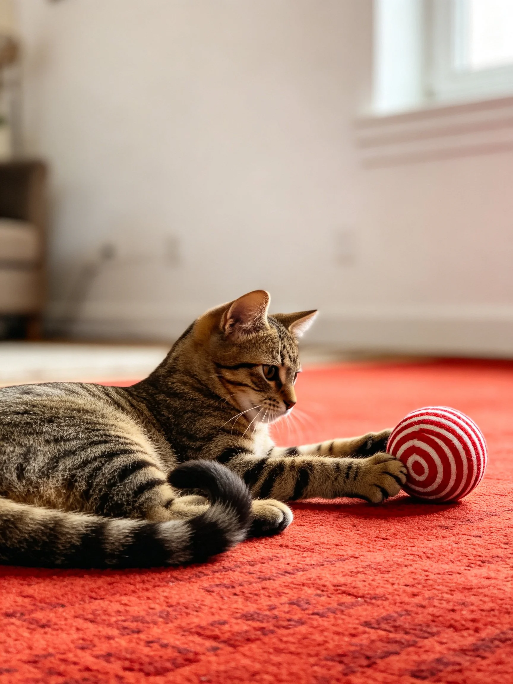 A tabby cat plays with a striped ball on a red carpet