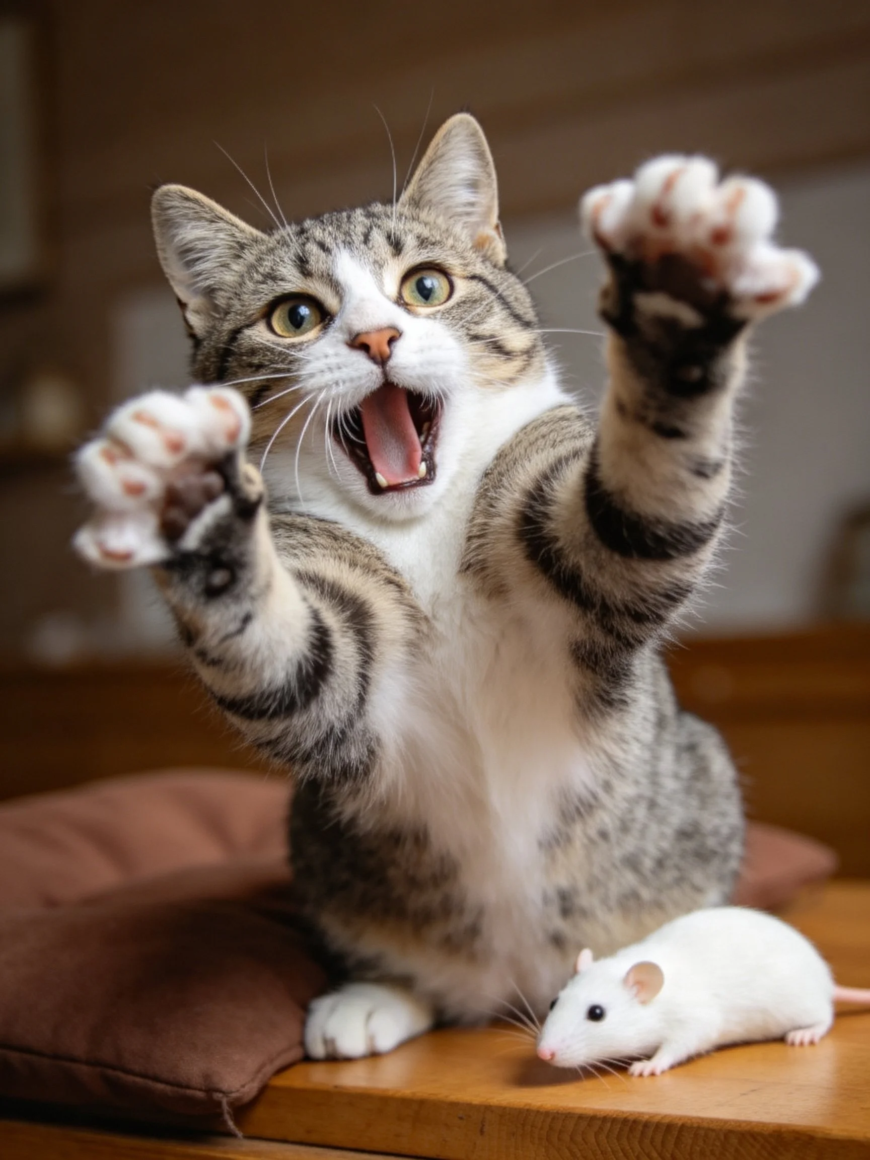 A tabby cat raises paws toward a small white mouse