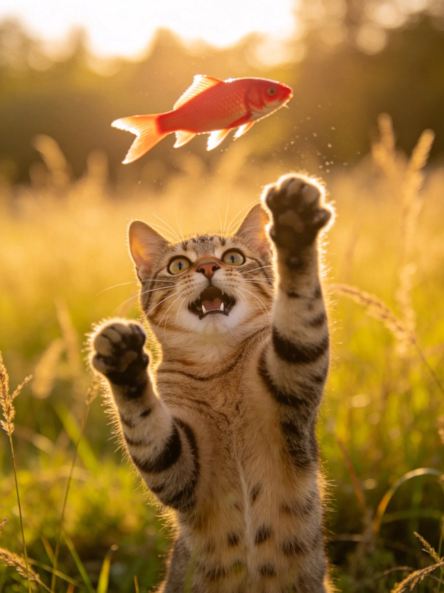 A tabby cat reaches for a bright red goldfish in a sunlit meadow