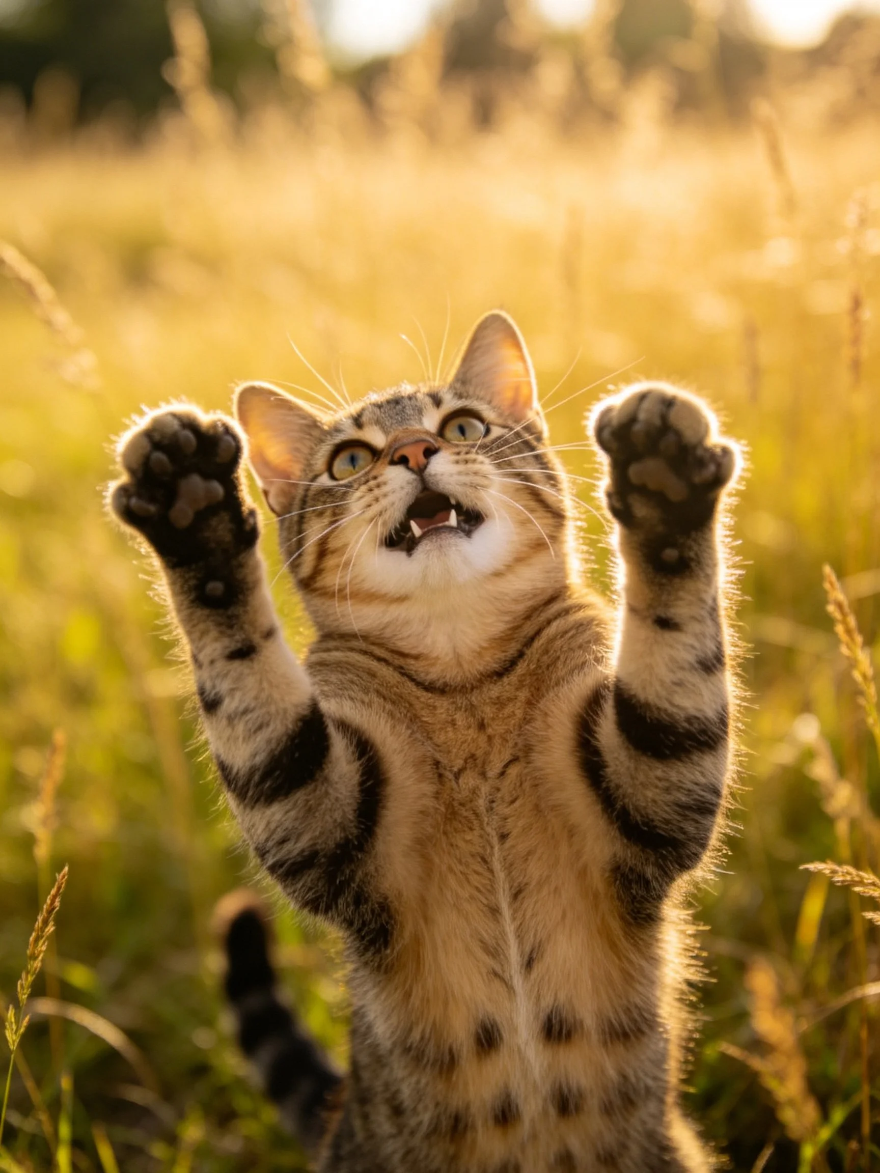 A tabby cat reaches upward amid golden grasses