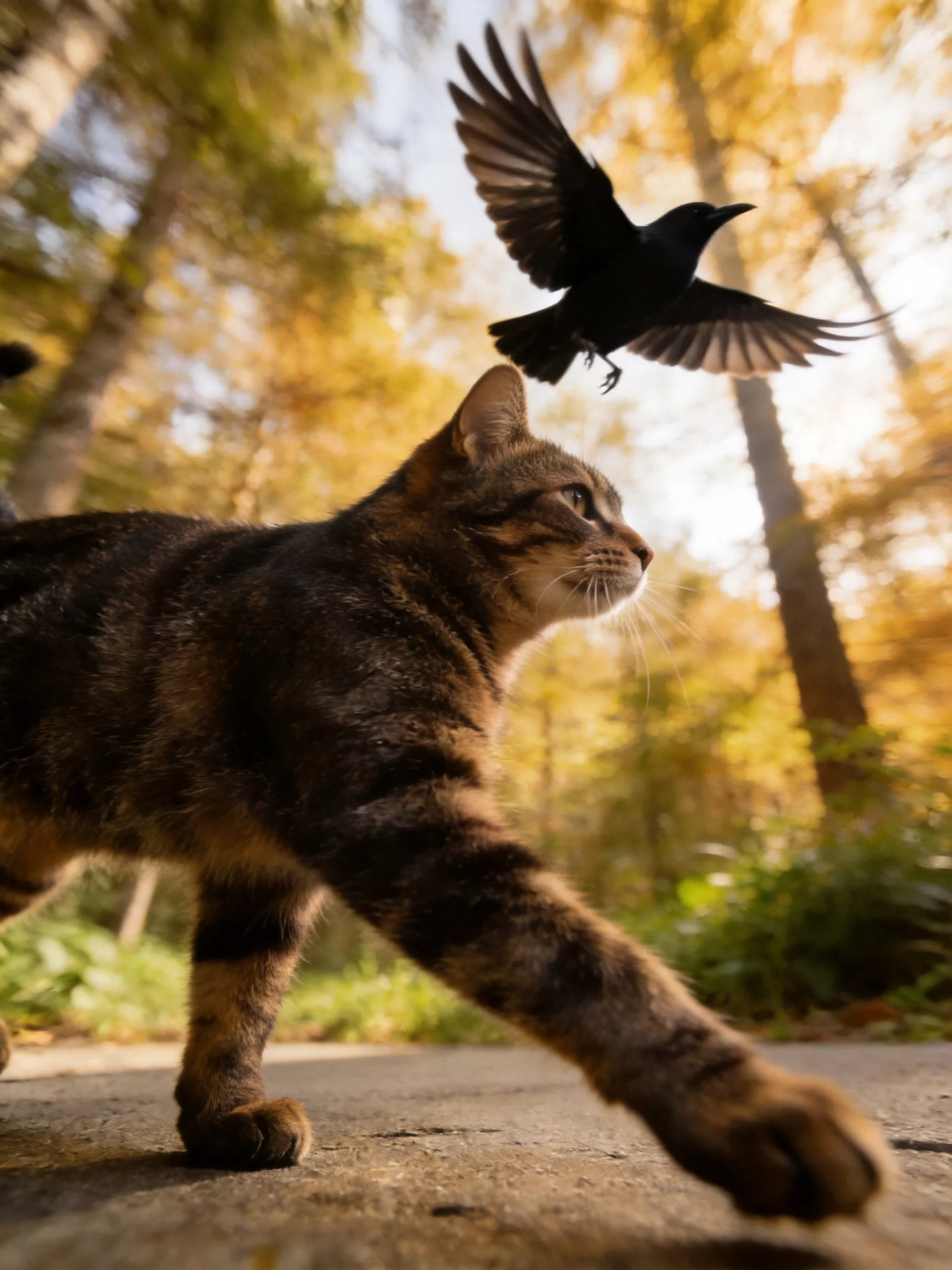 A tabby cat reaching toward a flying blackbird in an autumn forest