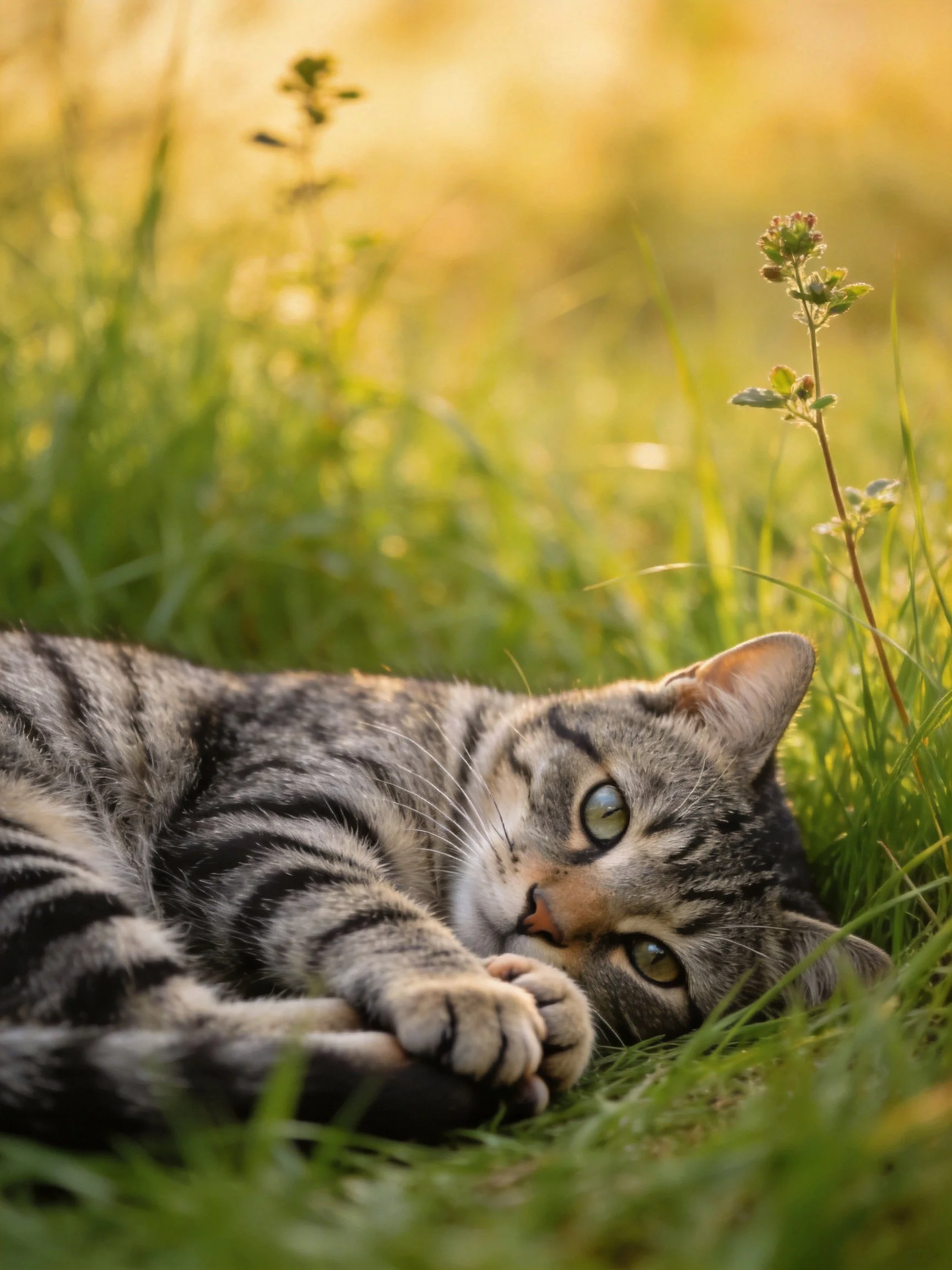 A tabby cat reclines in lush green grass under golden sunlight