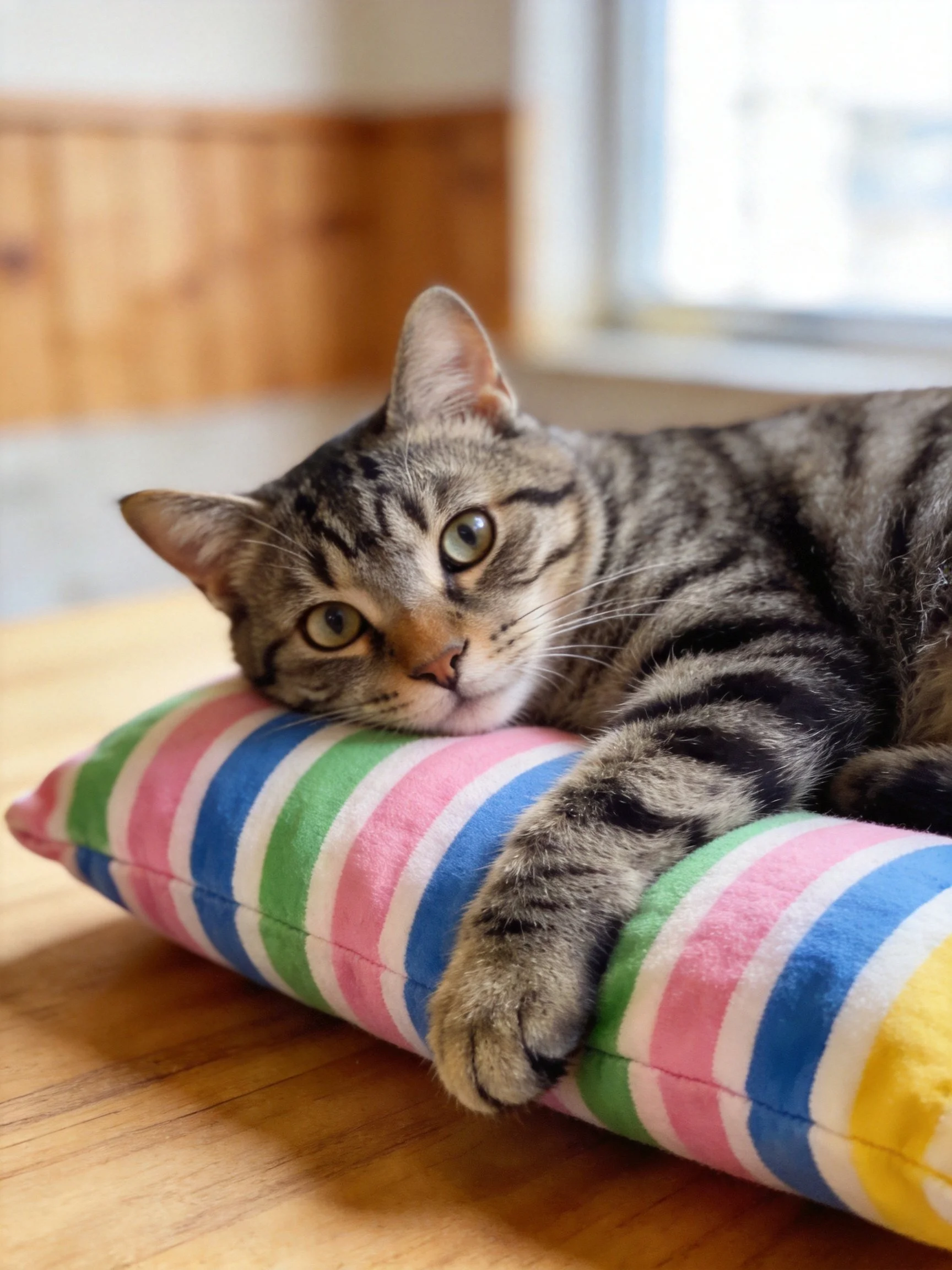 A tabby cat reclines on a colorful striped cushion on a wooden surface.