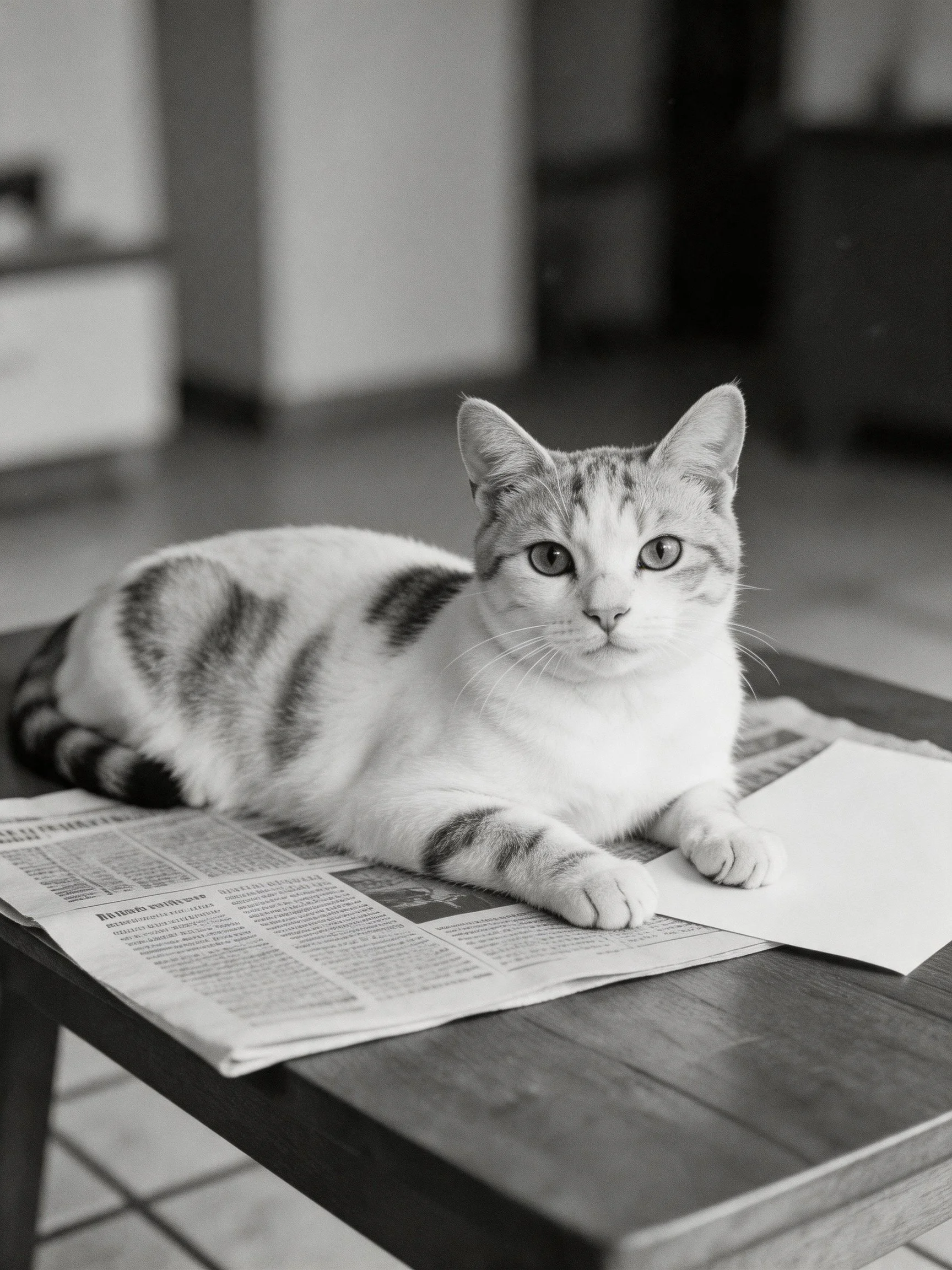 A tabby cat reclines on newspapers atop a wooden table