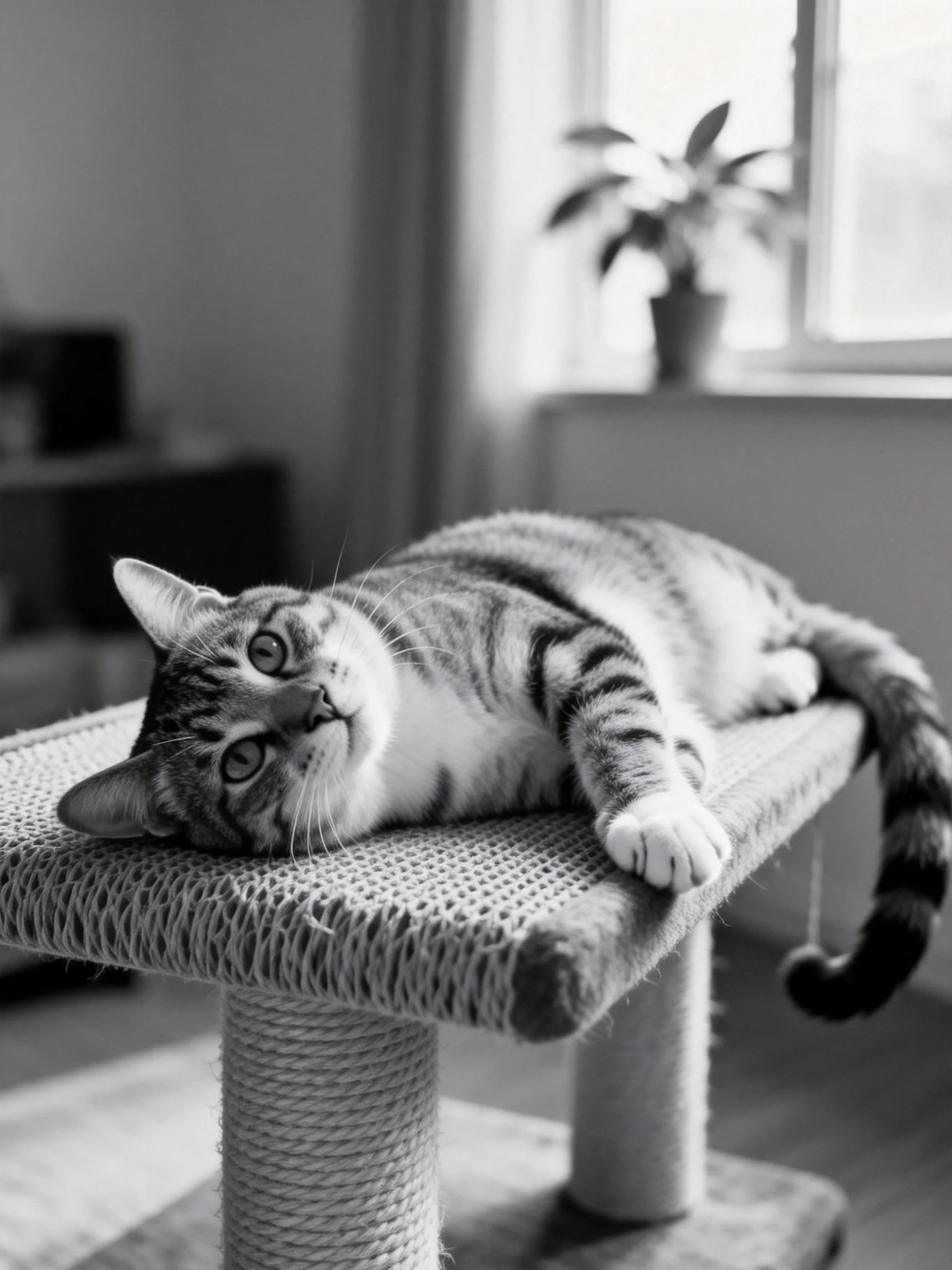 A tabby cat reclining on a woven cat perch indoors