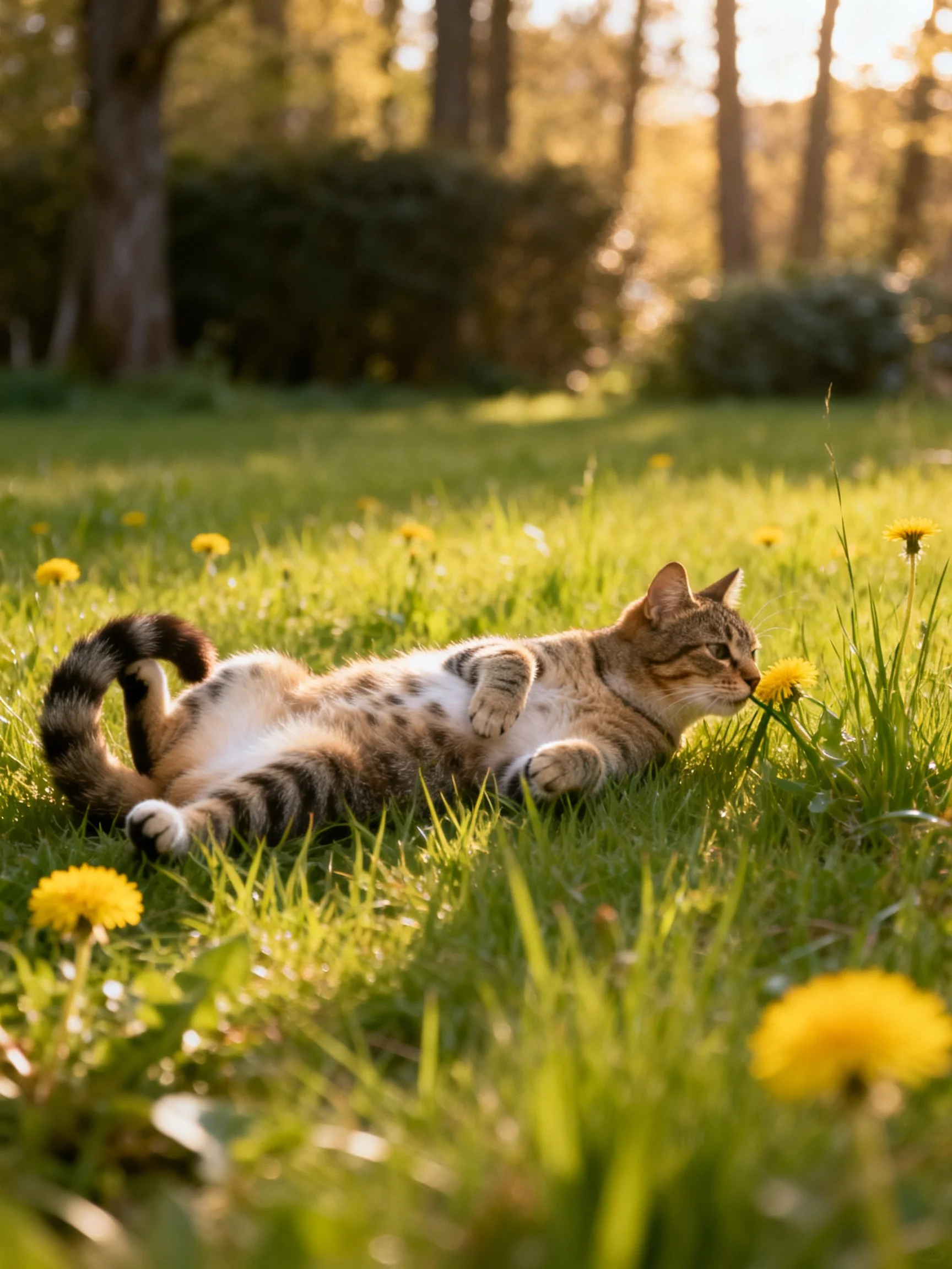 A tabby cat relaxes among yellow dandelions in a sunlit meadow