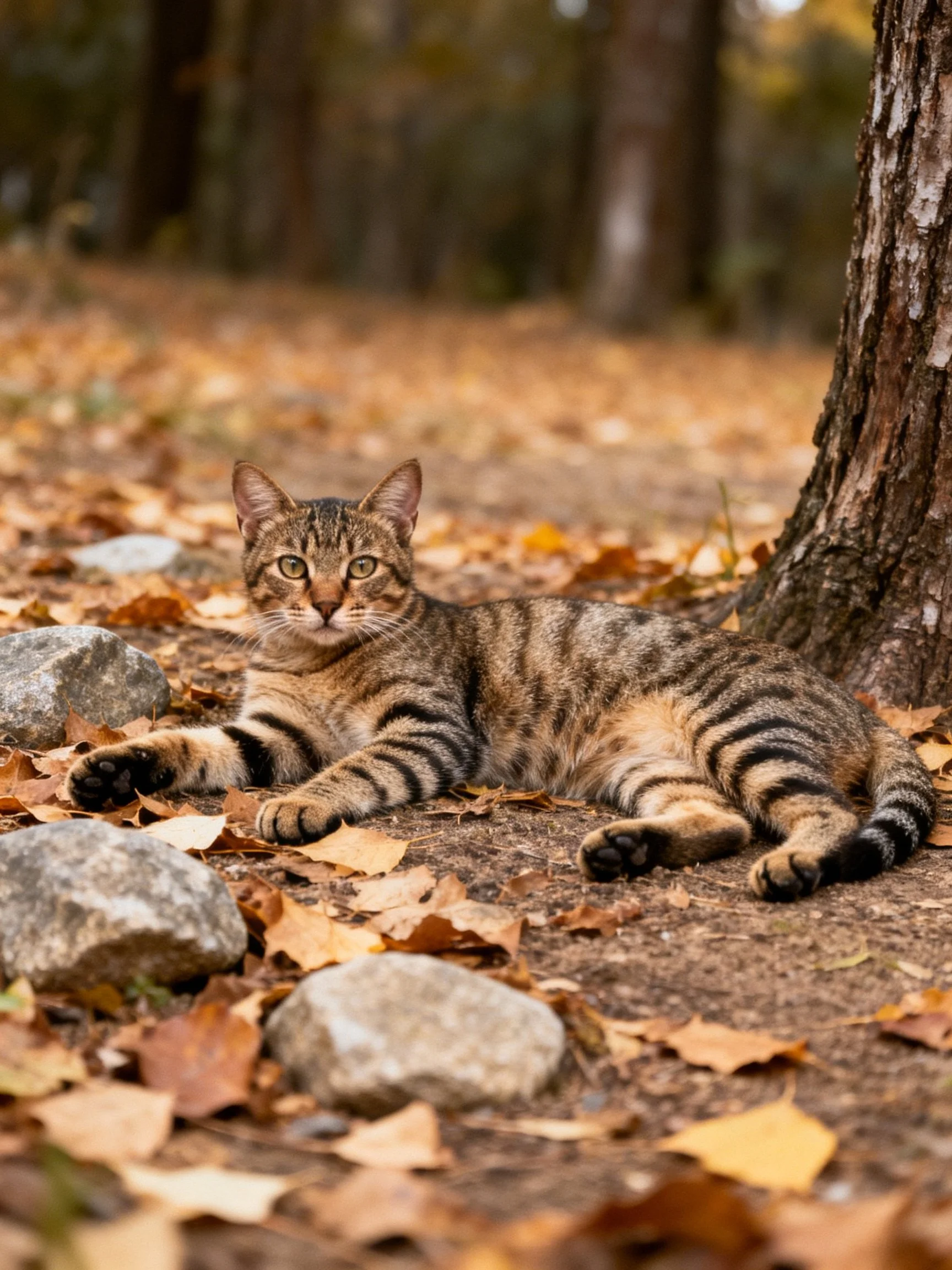 A tabby cat relaxes beside a tree among fallen autumn leaves and rocks