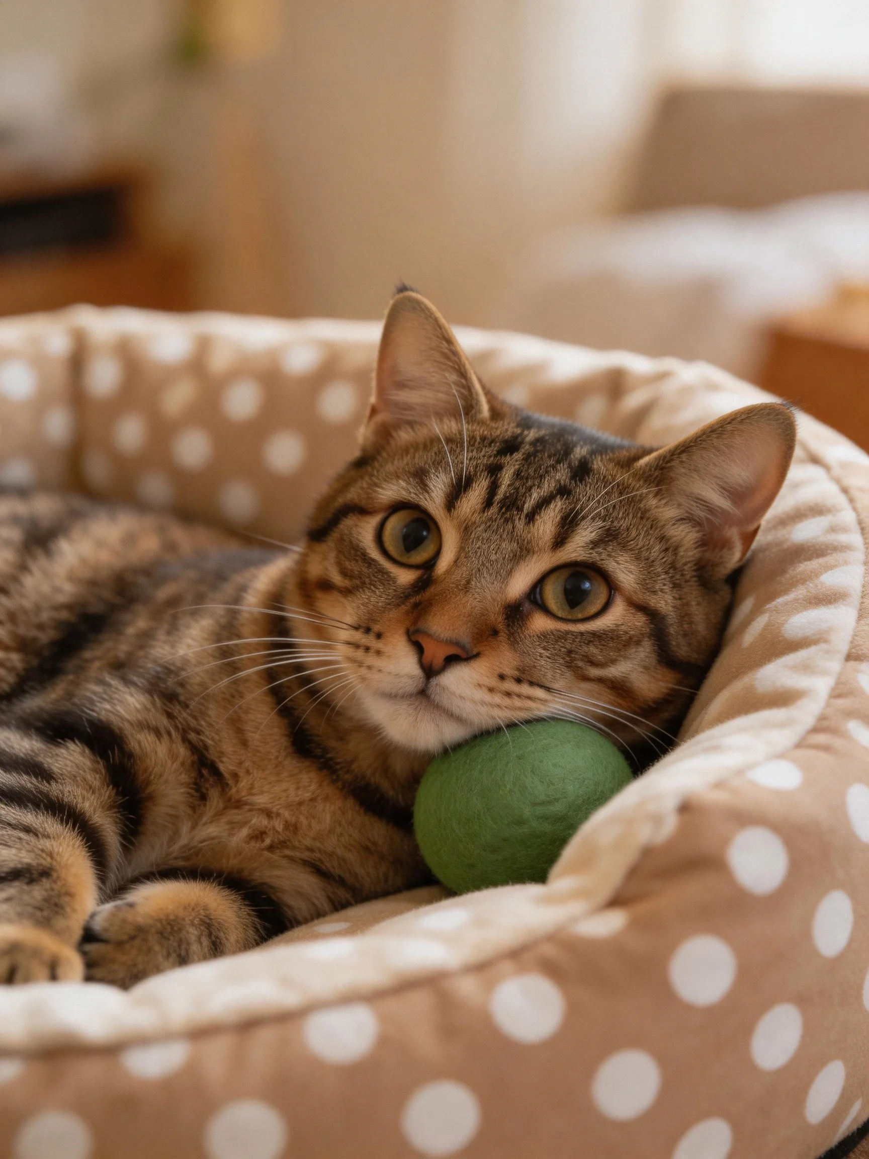 A tabby cat relaxes in a polka - dotted pet bed with a green ball