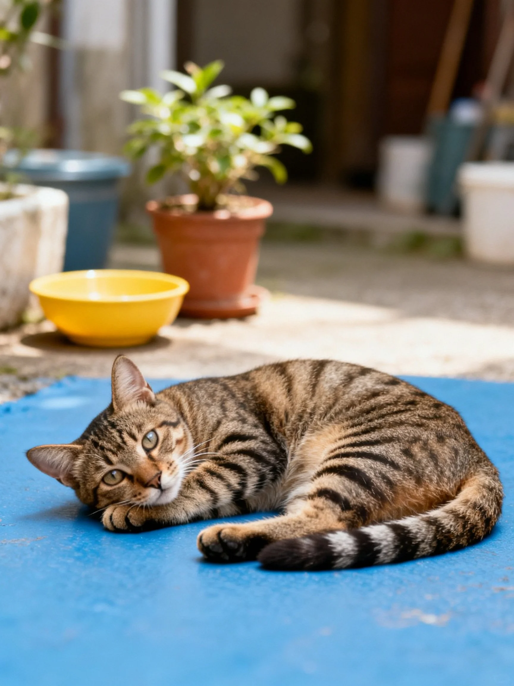 A tabby cat relaxes on a bright blue mat near a yellow bowl and terracotta pot
