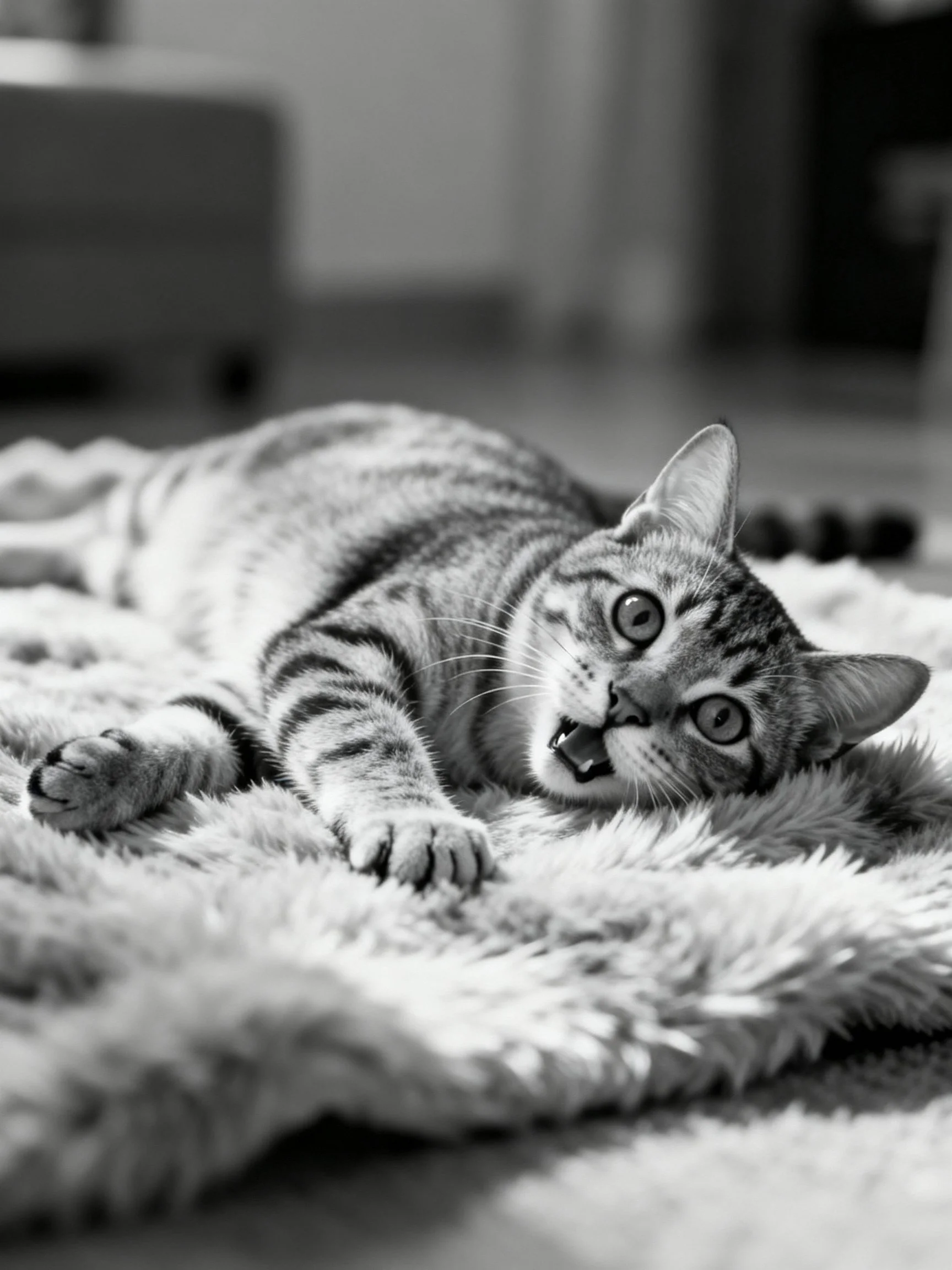 A tabby cat relaxes on a plush rug in monochrome
