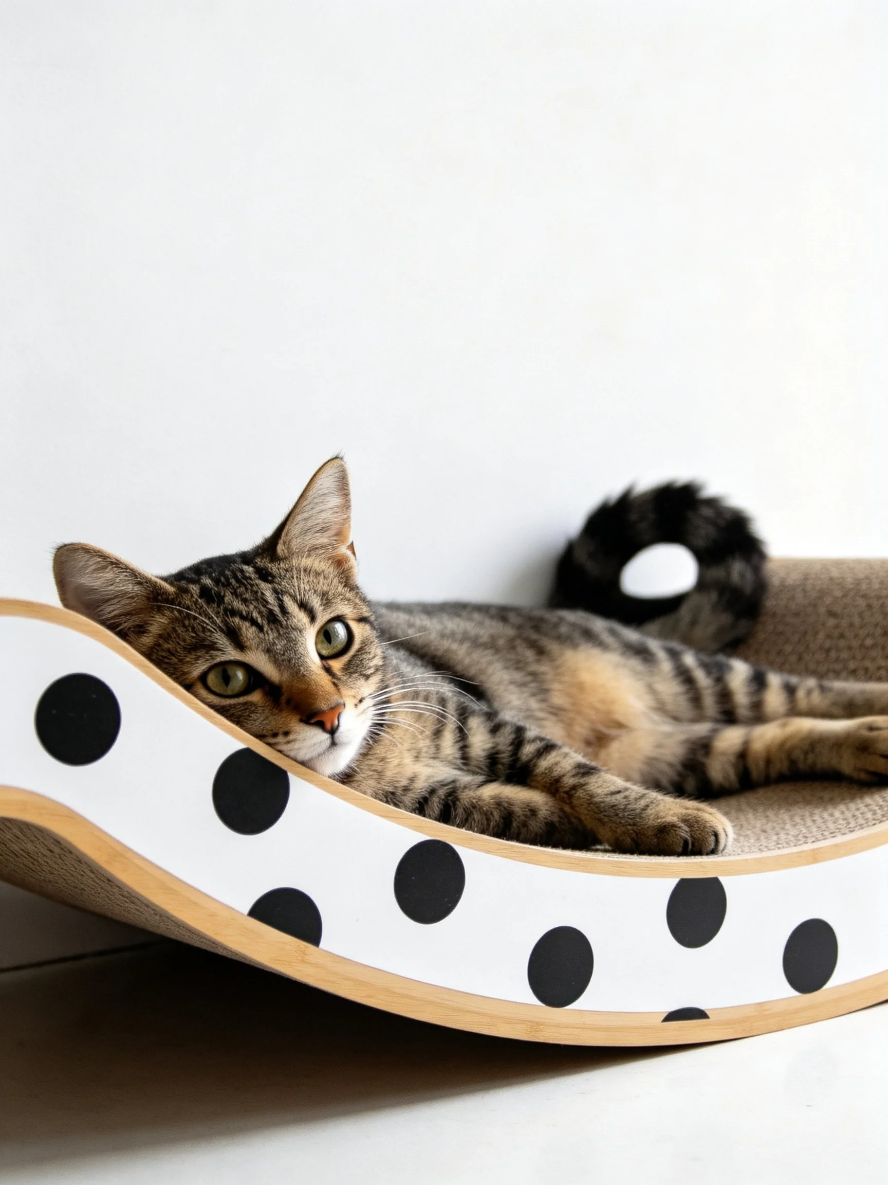 A tabby cat relaxes on a polka - dotted pet bed with a plush toy.