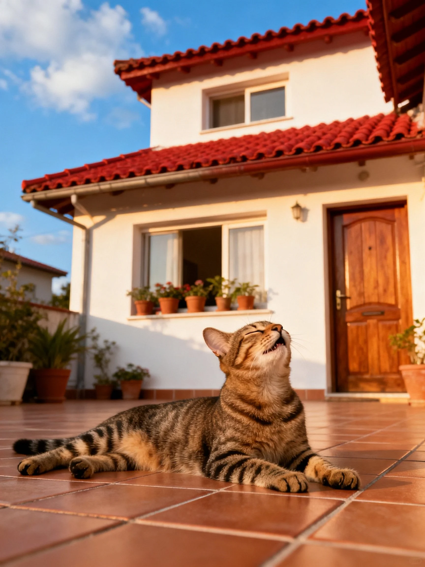 A tabby cat relaxes on a terracotta-tiled patio near a white house with red roof