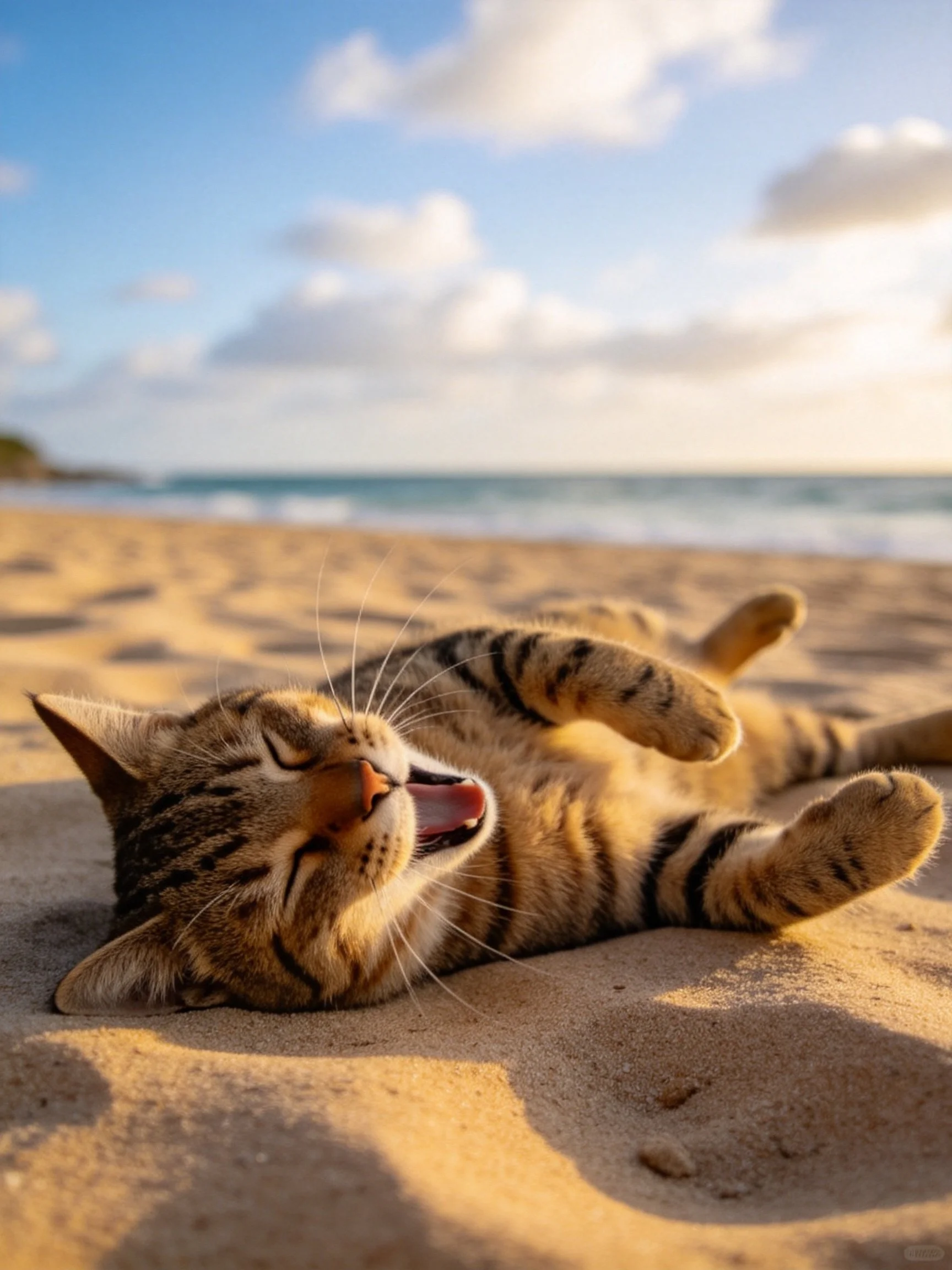 A tabby cat relaxes on golden sand by the ocean shore