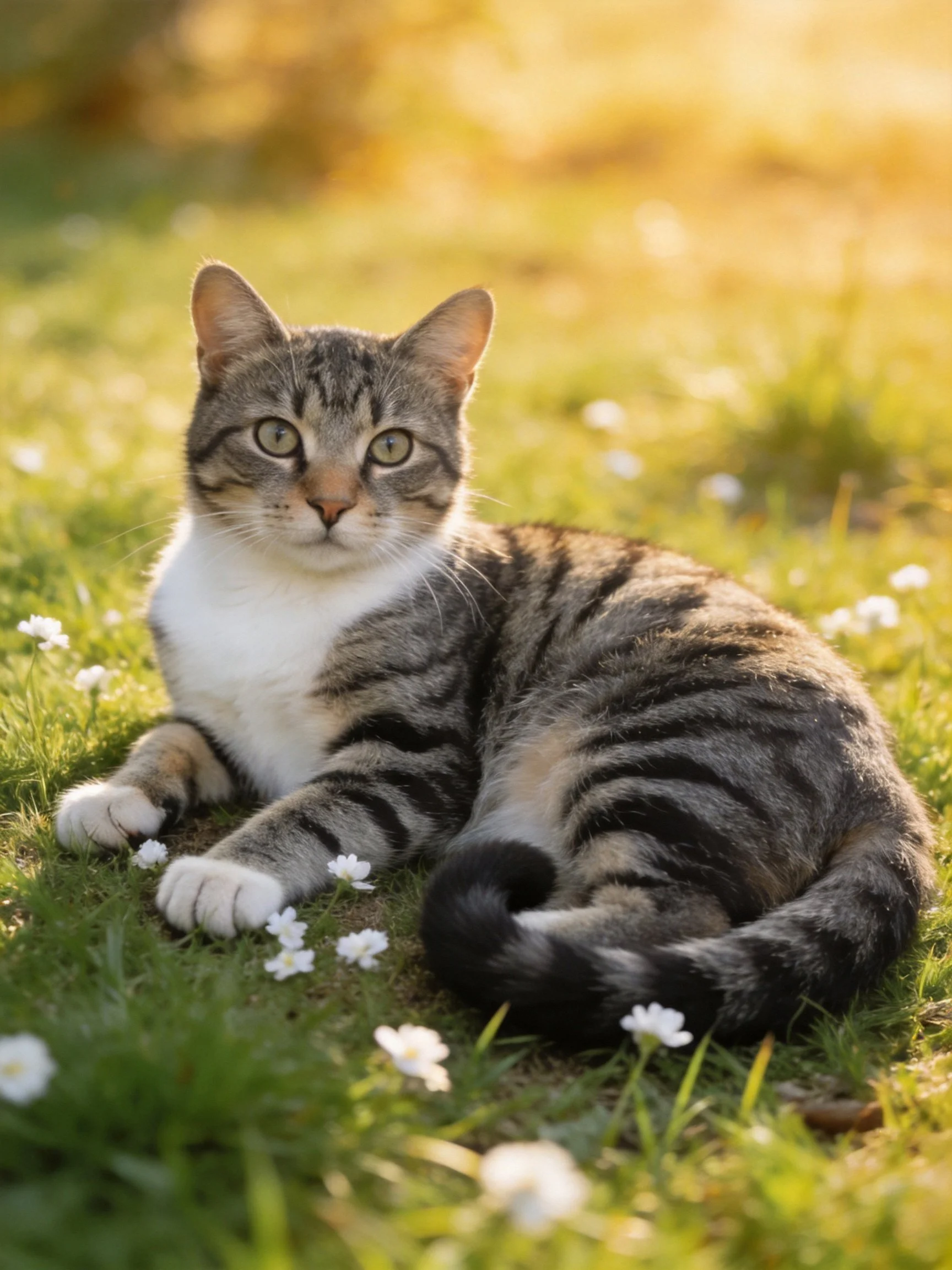 A tabby cat relaxes on green grass among small white flowers under golden light