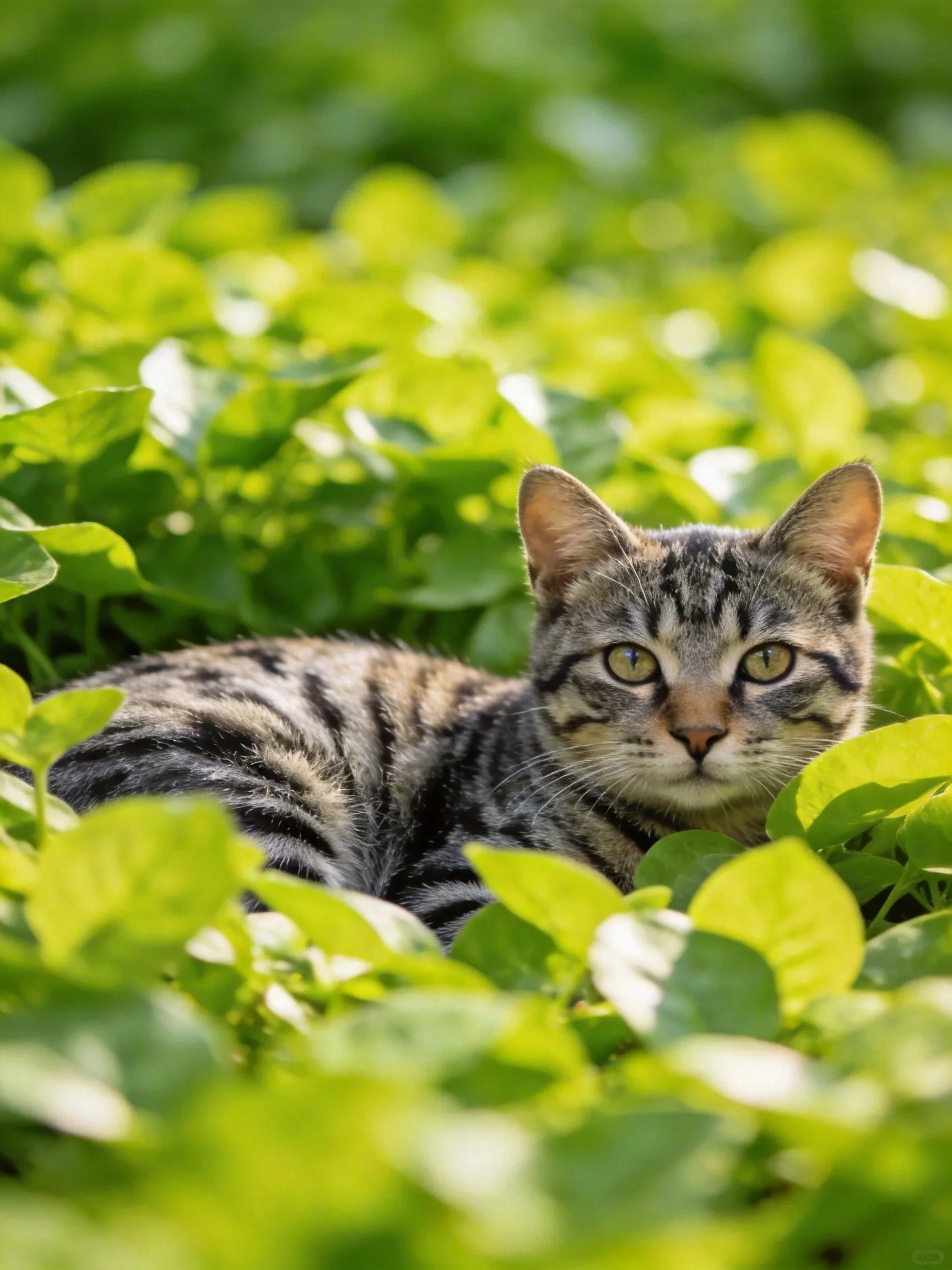 A tabby cat resting amid dense, bright green foliage