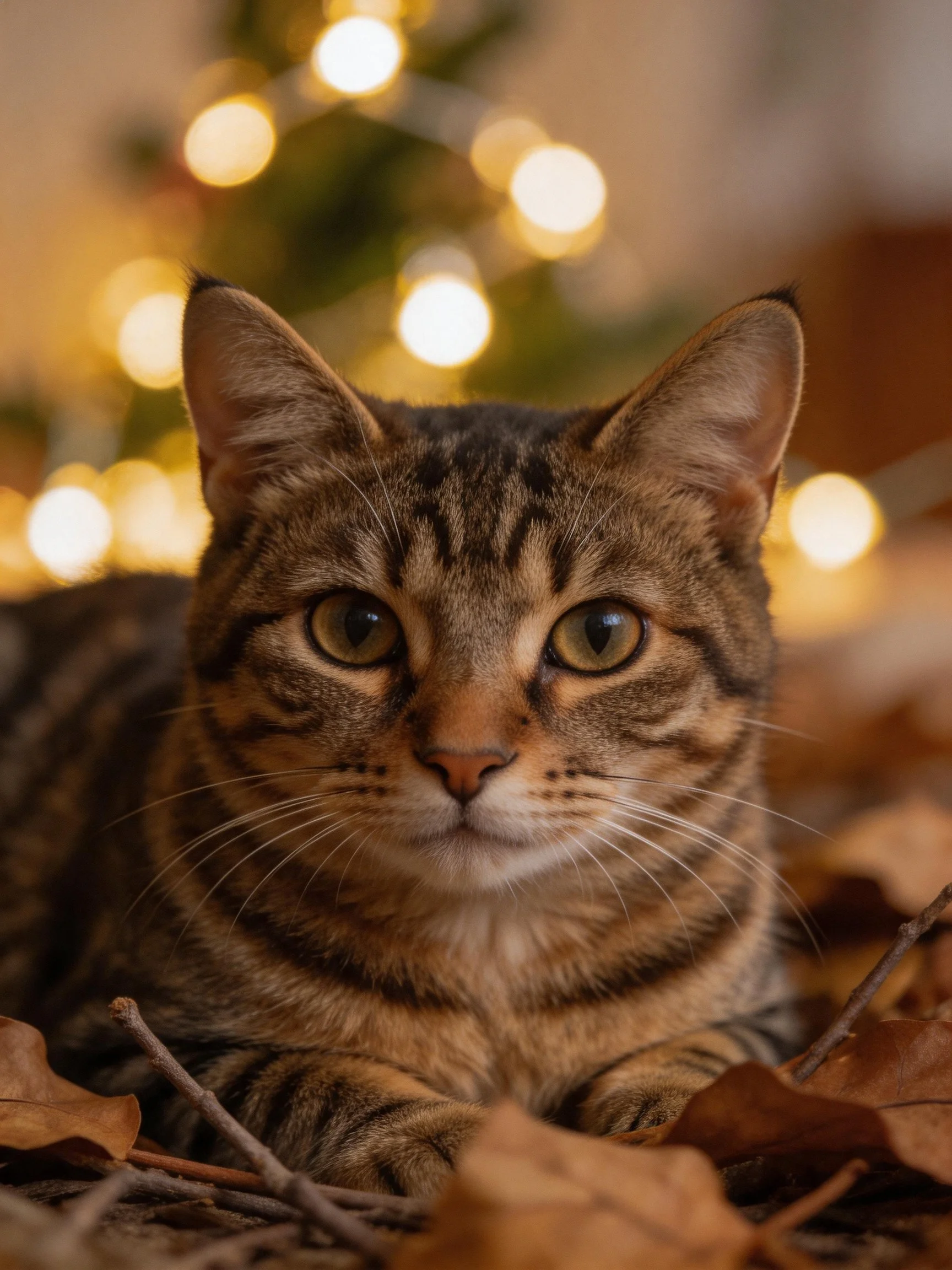 A tabby cat rests among autumn leaves with warm, blurred lights in the background.