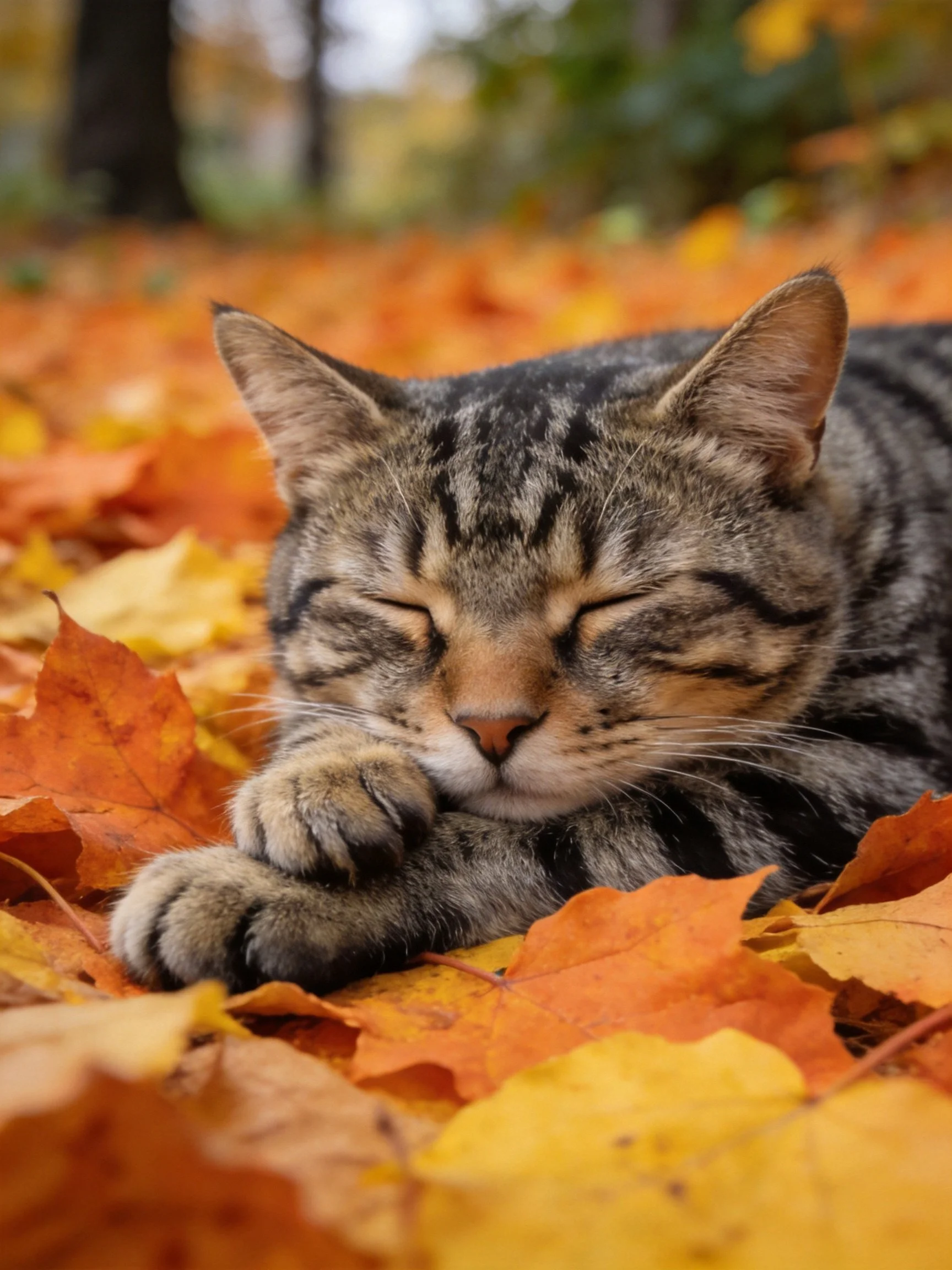 A tabby cat sleeps peacefully among autumn foliage.