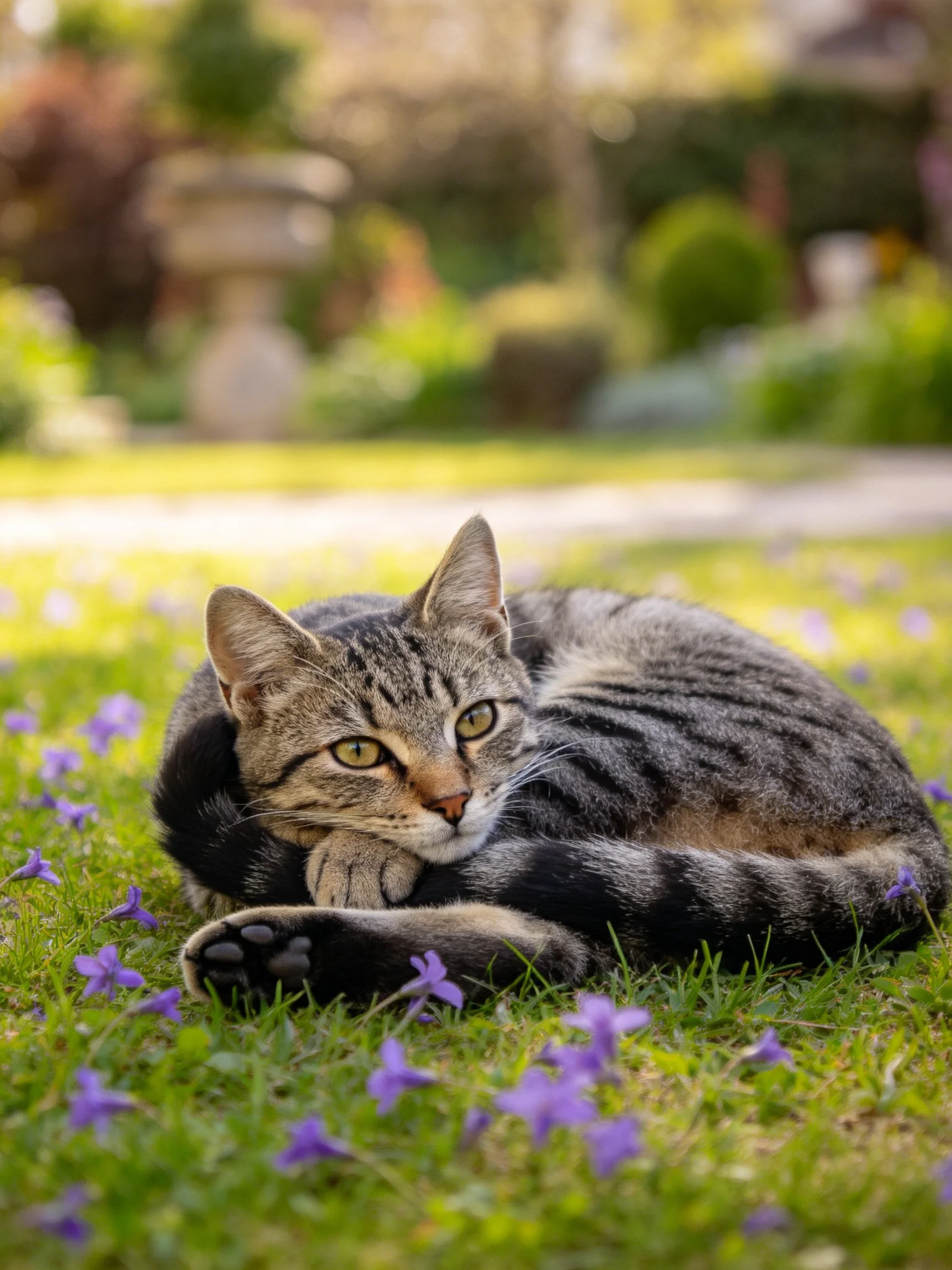 A tabby cat relaxes amid purple flowers and green grass in a sunlit garden.