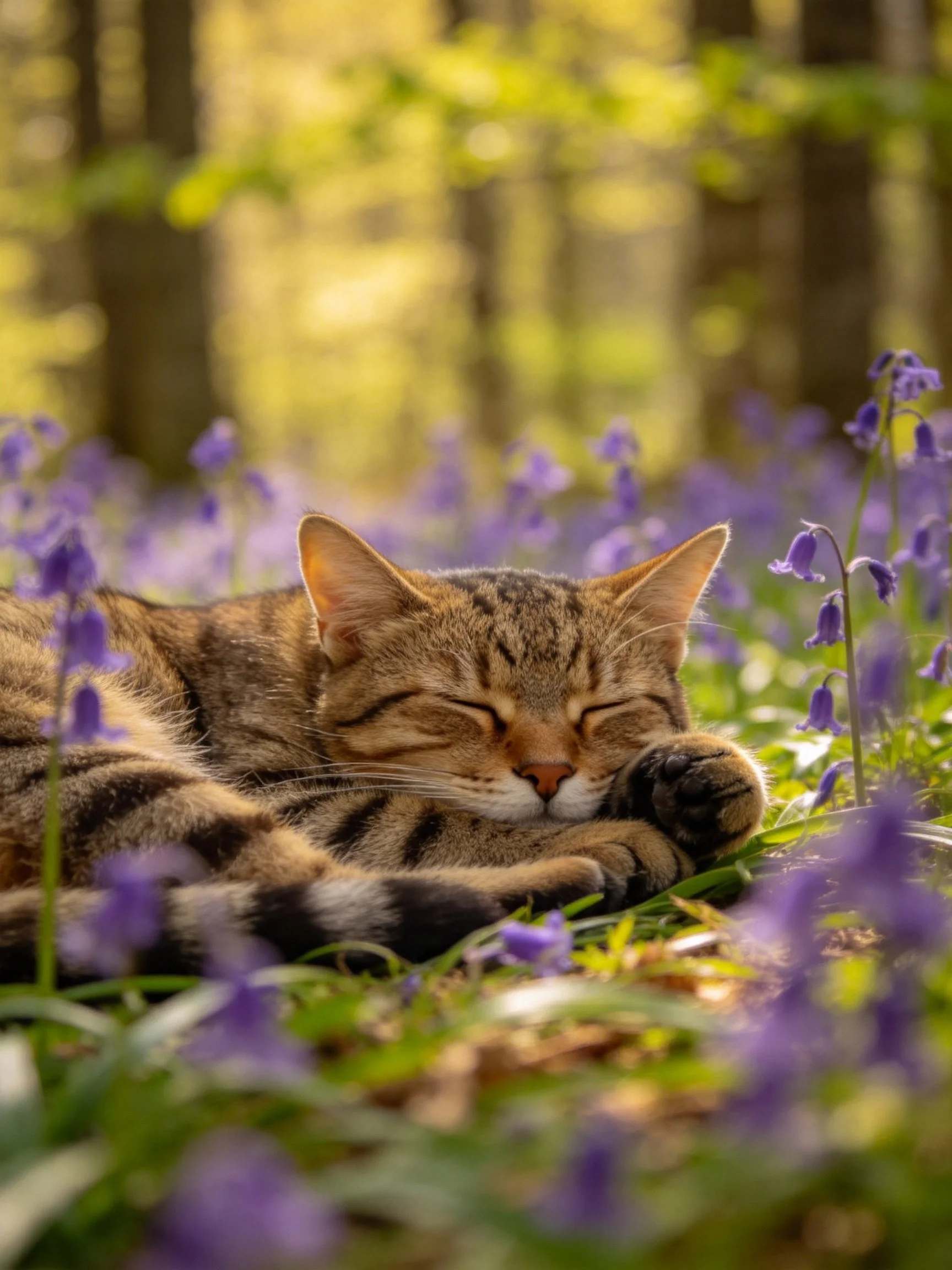 A tabby cat sleeps peacefully amid purple wildflowers in a sunlit forest