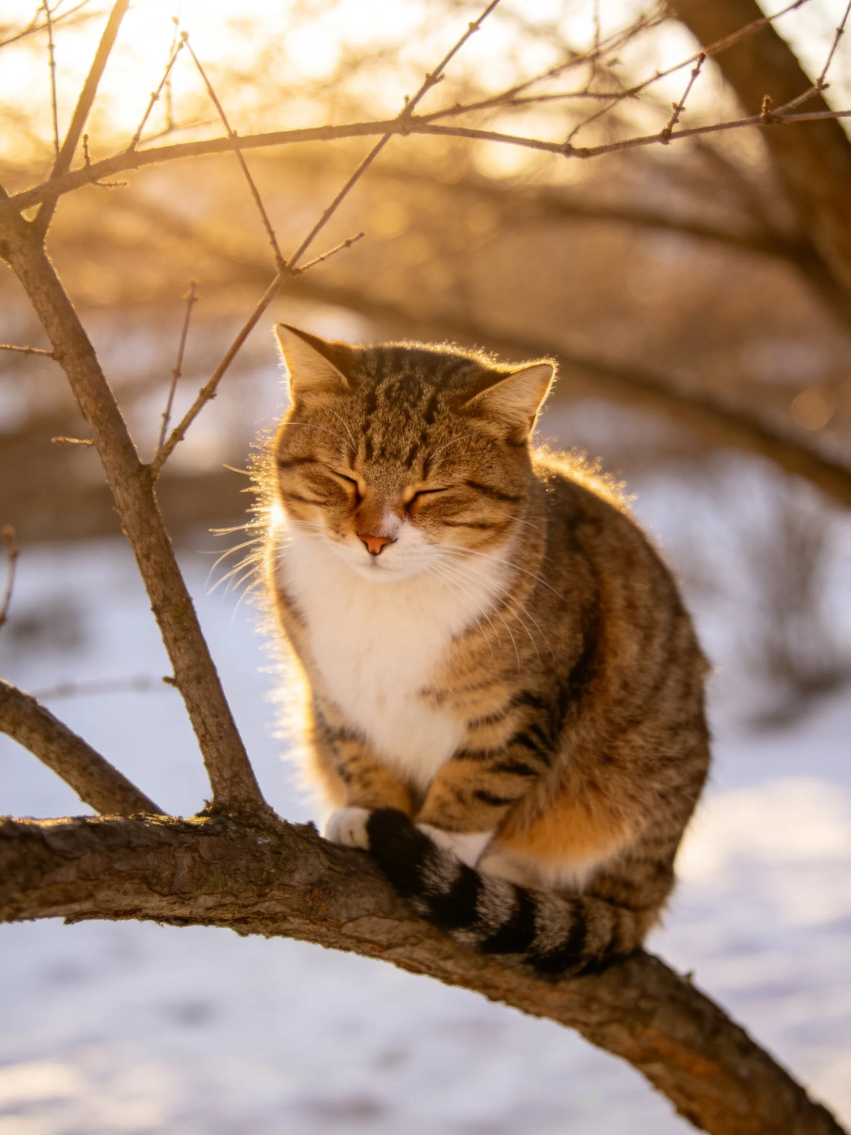 A tabby cat resting on a bare tree branch in golden sunlight
